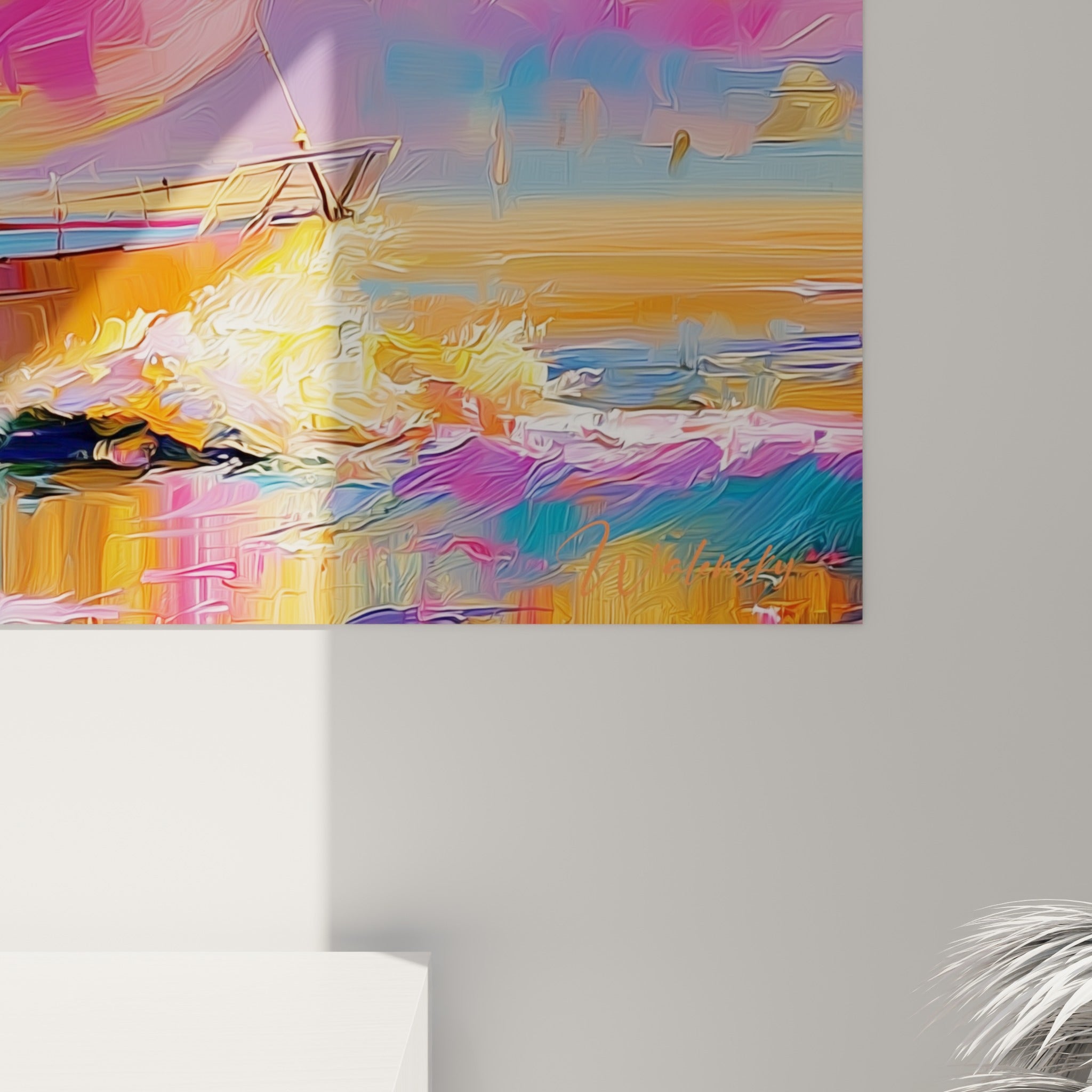 Empâtements épais de peinture rose et bleue dessinant les vagues et les voiles du bateau abstrait