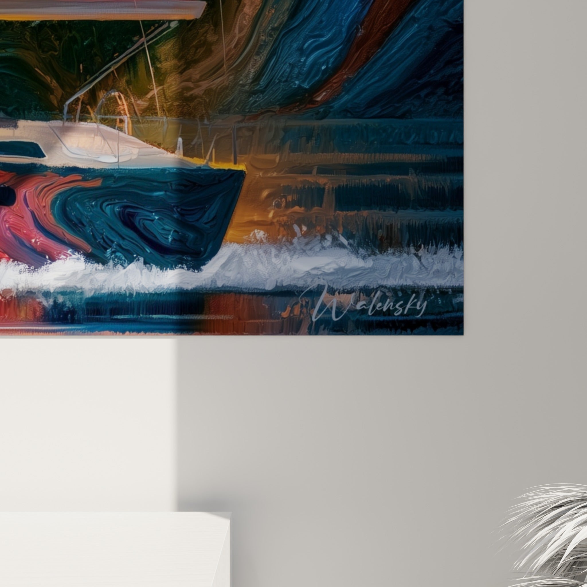 Empâtements colorés en marbrure orange et bleu marine, matière picturale visible sur la toile du voilier