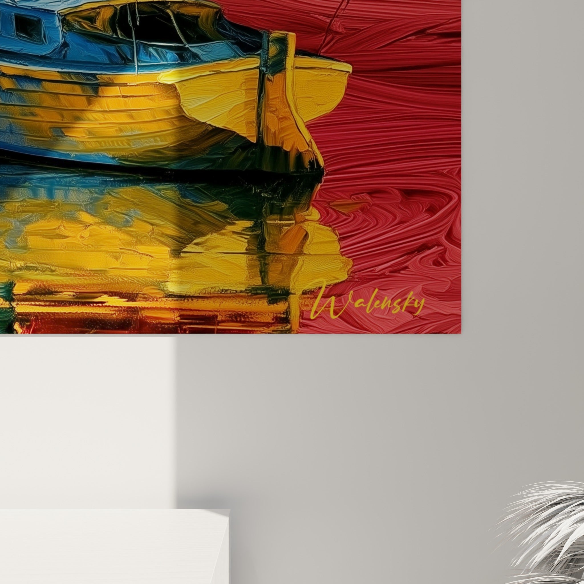 Empâtements épais mêlant jaune doré, rouge carmin et bleu marine sur la toile du voilier