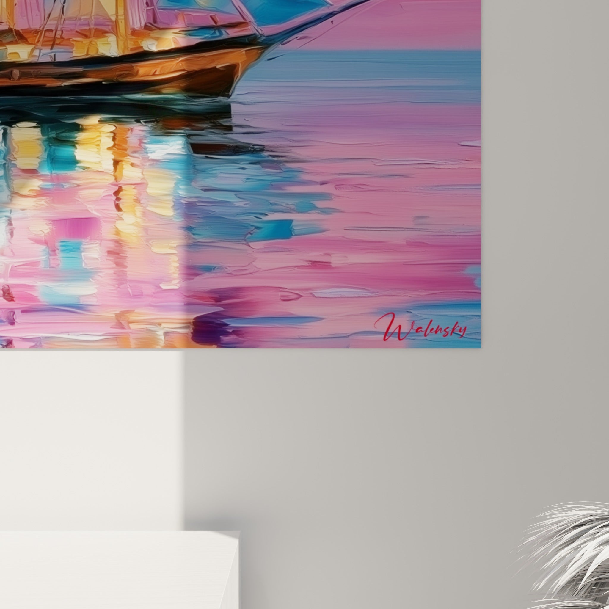 Empâtements roses et bleus visibles sur la toile du tableau bateau abstrait, coulures dorées et grain de peinture