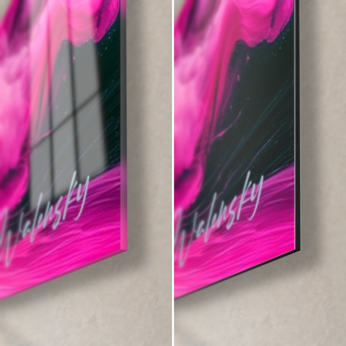 Tableau yacht en fumées rose vif, coin bas droit : verre acrylique brillant reflétant la fenêtre, alu Dibond noir mat, tranche de 3 mm