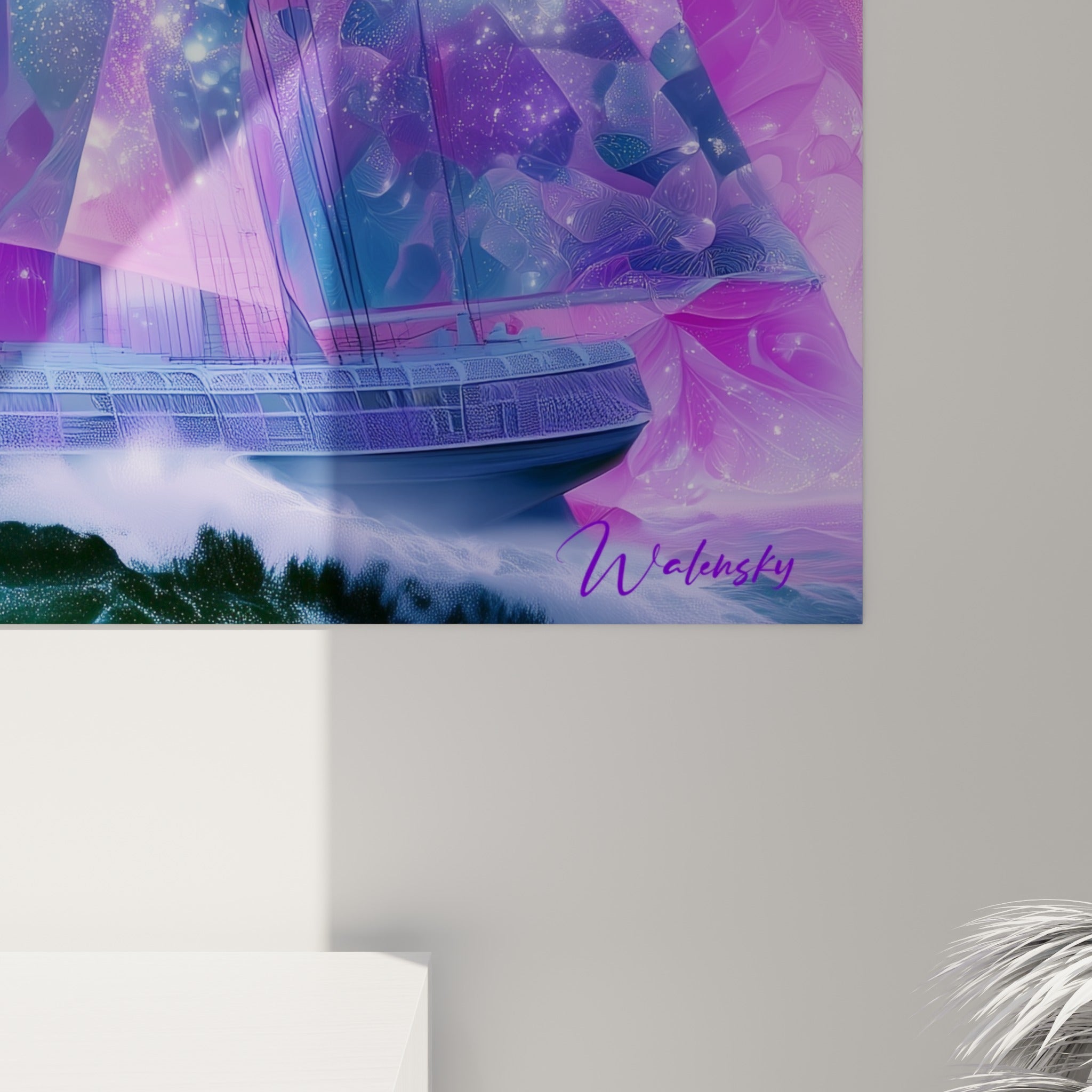 Détail des voiles translucides violettes et turquoise semées d'étoiles scintillantes et de nébuleuses texturées