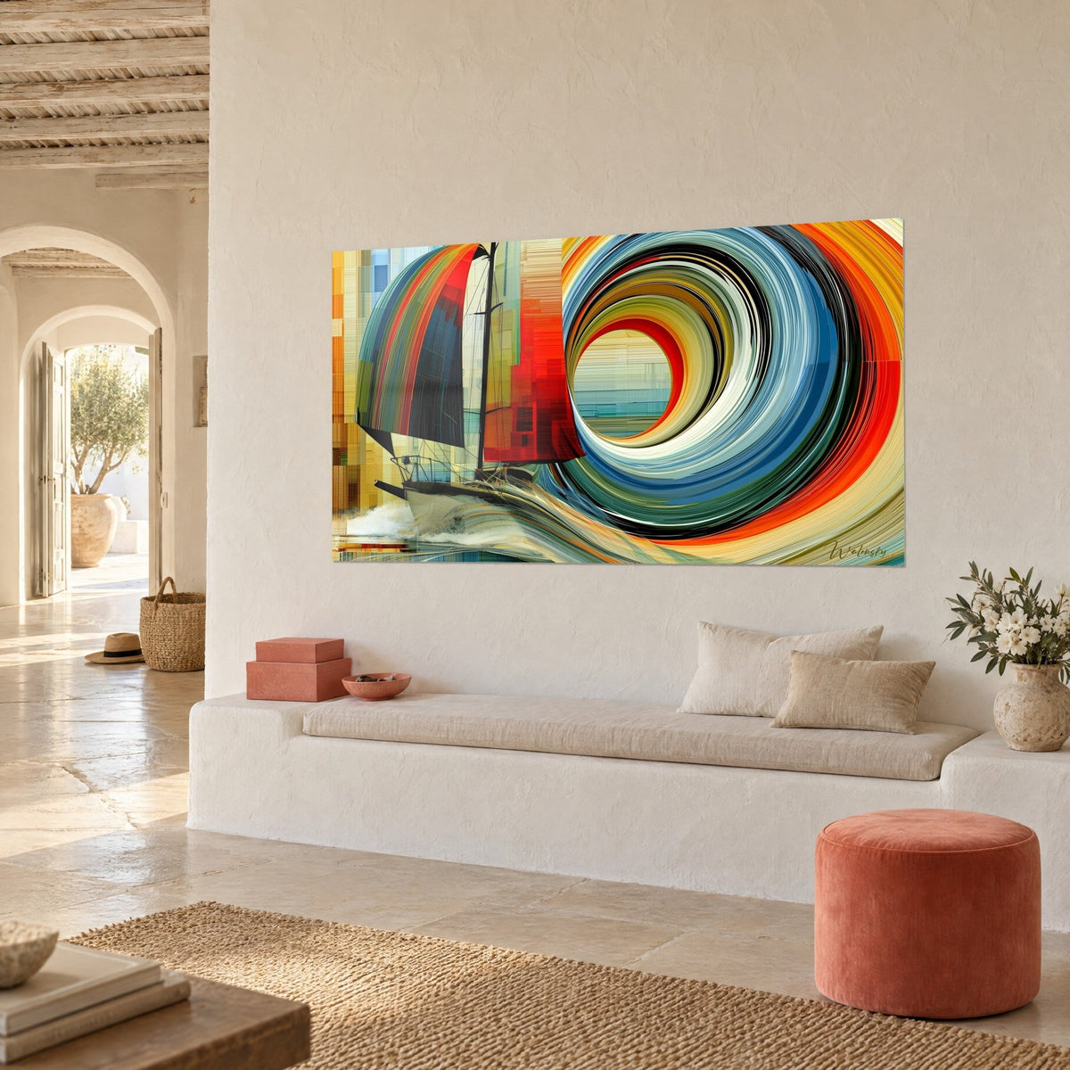 Tableau yacht au spinnaker orange et bleu face à une spirale ocre, accroché près d'une banquette blanche et d'un pouf