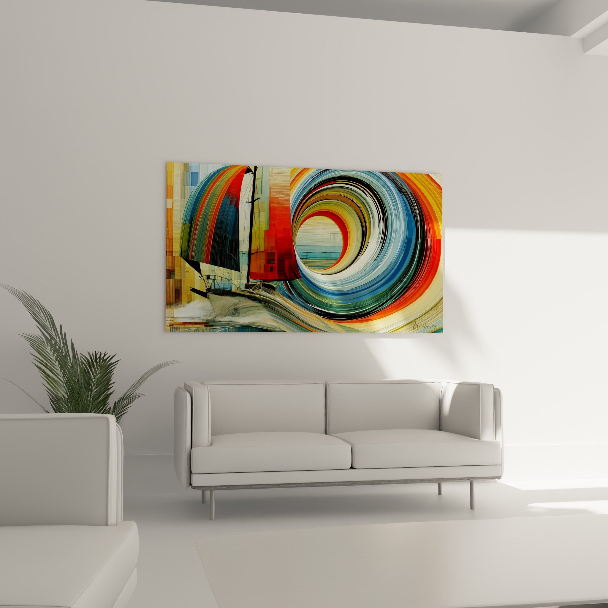 Spirale bleu marine et rouge du tableau bateau abstrait au-dessus d'un canapé dans un salon lumineux