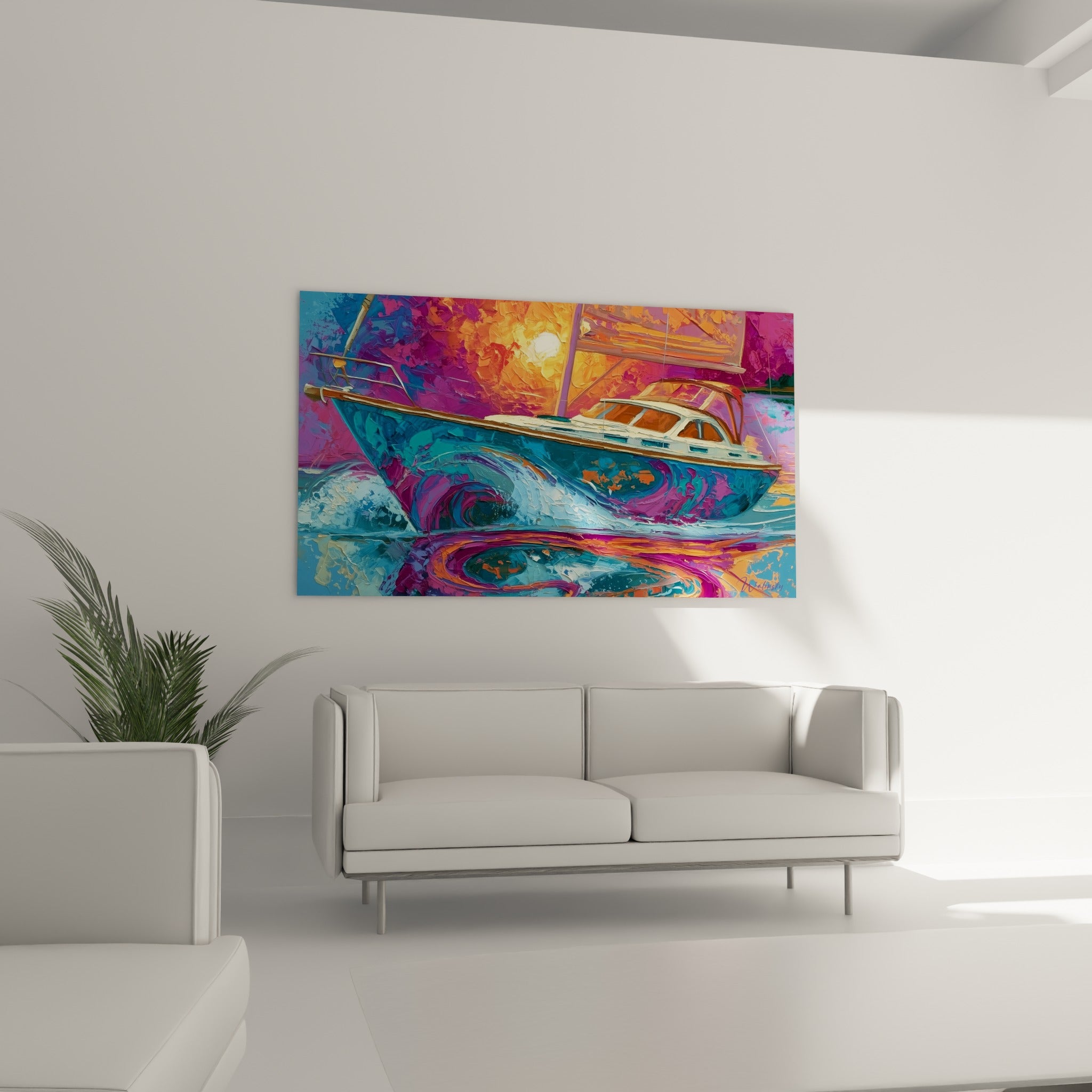 Bateau abstrait aux tourbillons violets et dorés, accroché au-dessus d'un canapé dans un salon lumineux