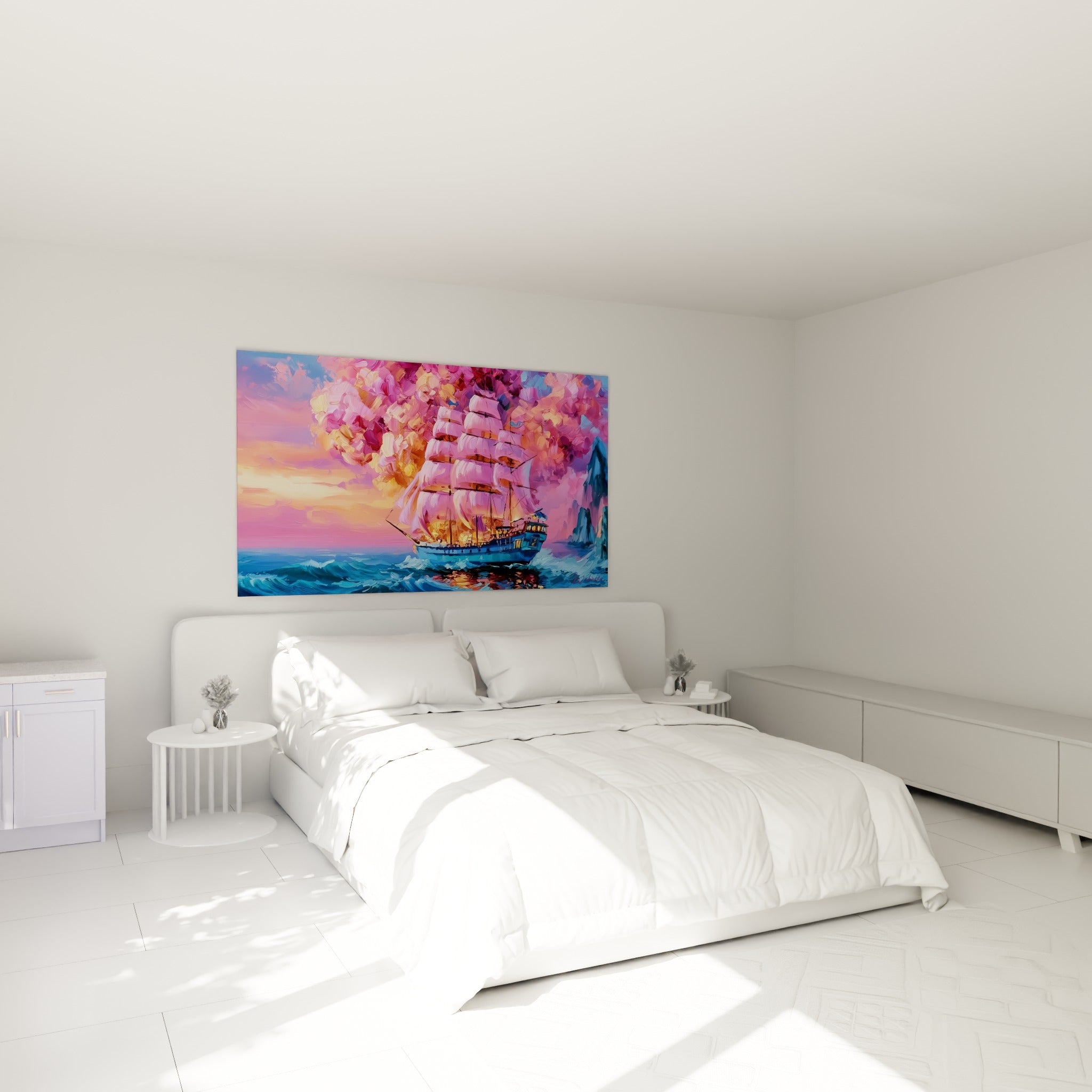 Trois-mâts bleu et rose glissant sur une mer agitée, accroché au-dessus d'un lit dans une chambre claire