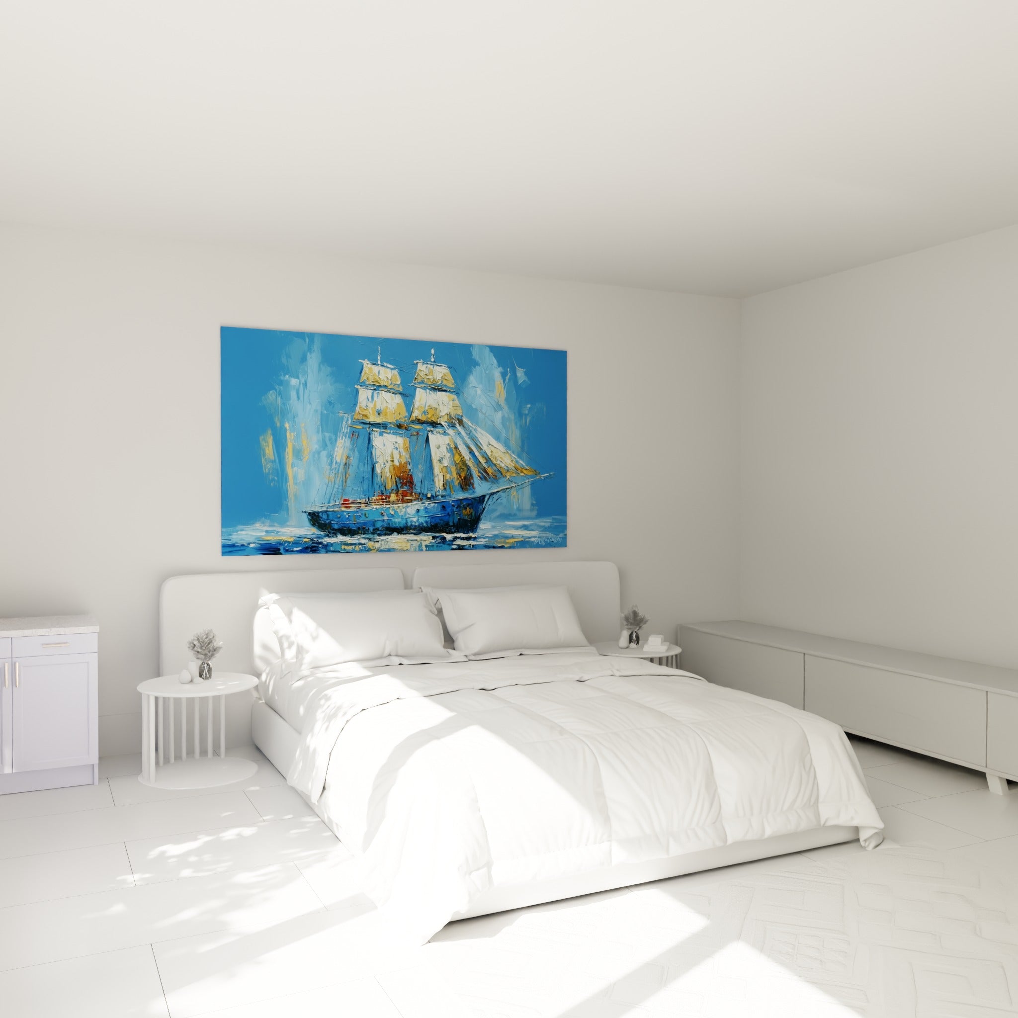 Grand voilier bleu et or au trois-mâts déployé, tableau bateau abstrait au-dessus d'un lit dans une chambre claire