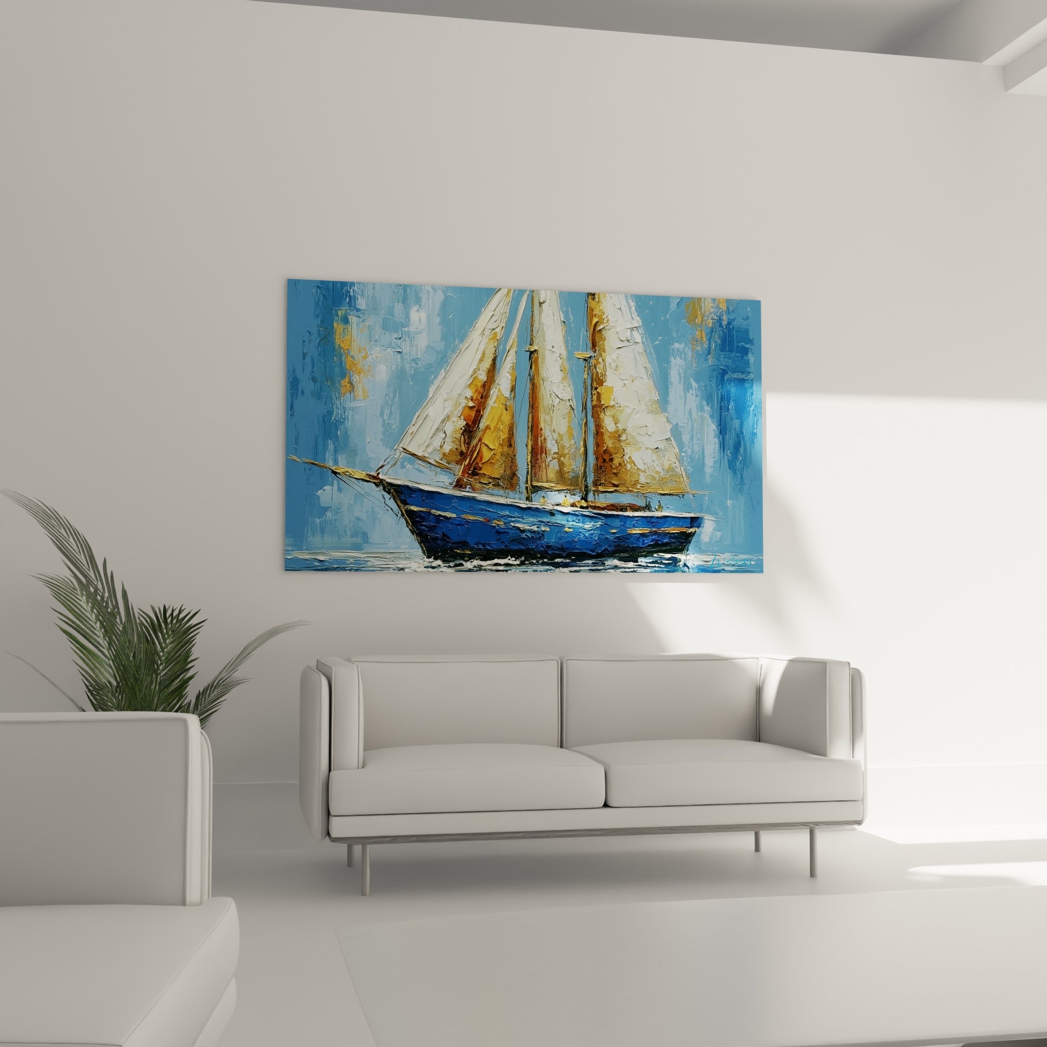 Coque bleu nuit et voiles blanches dorées d'un voilier en mouvement, au-dessus d'un canapé dans un salon lumineux