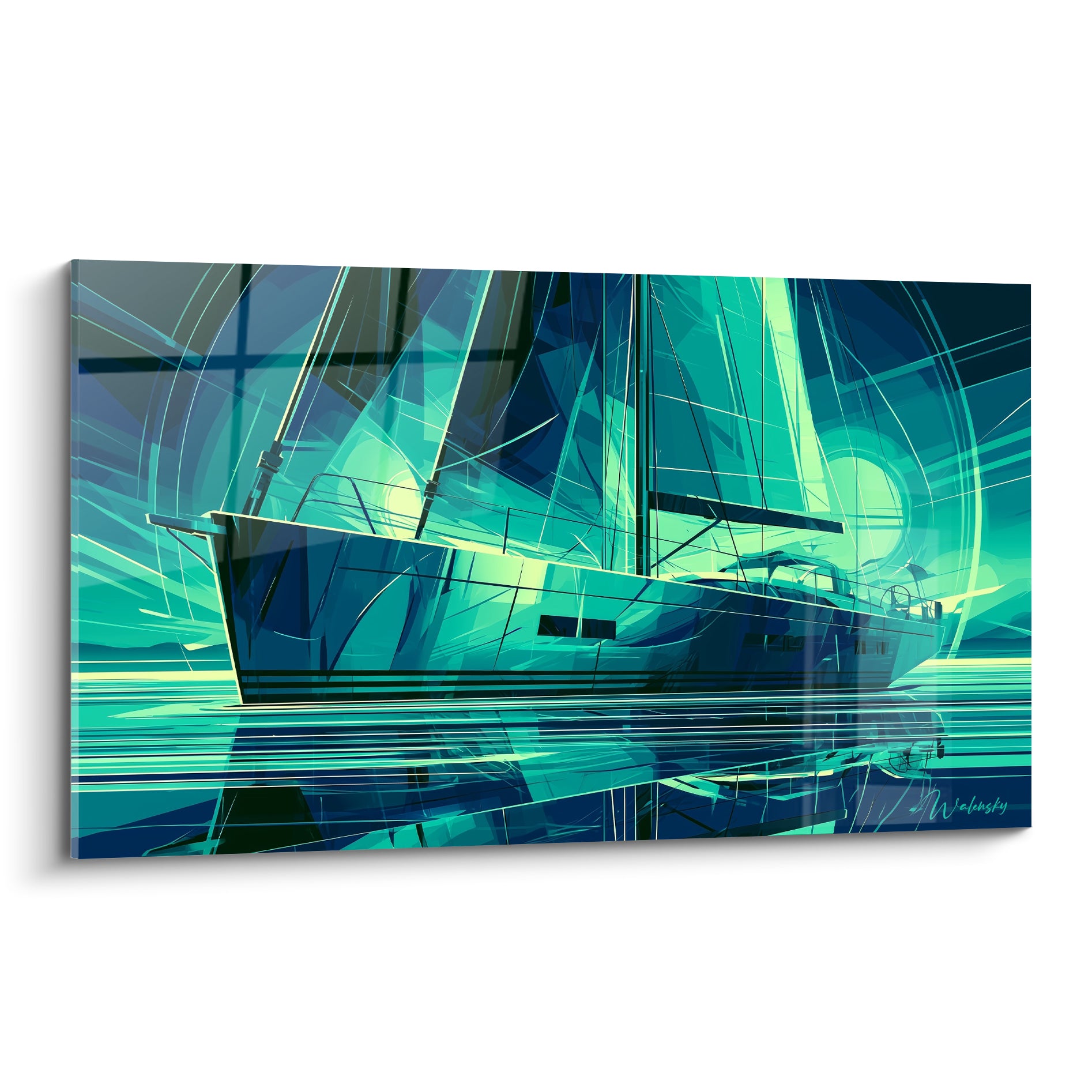 Voilier turquoise et bleu nuit aux voiles géométriques fragmentées, reflet doré sur eau plate