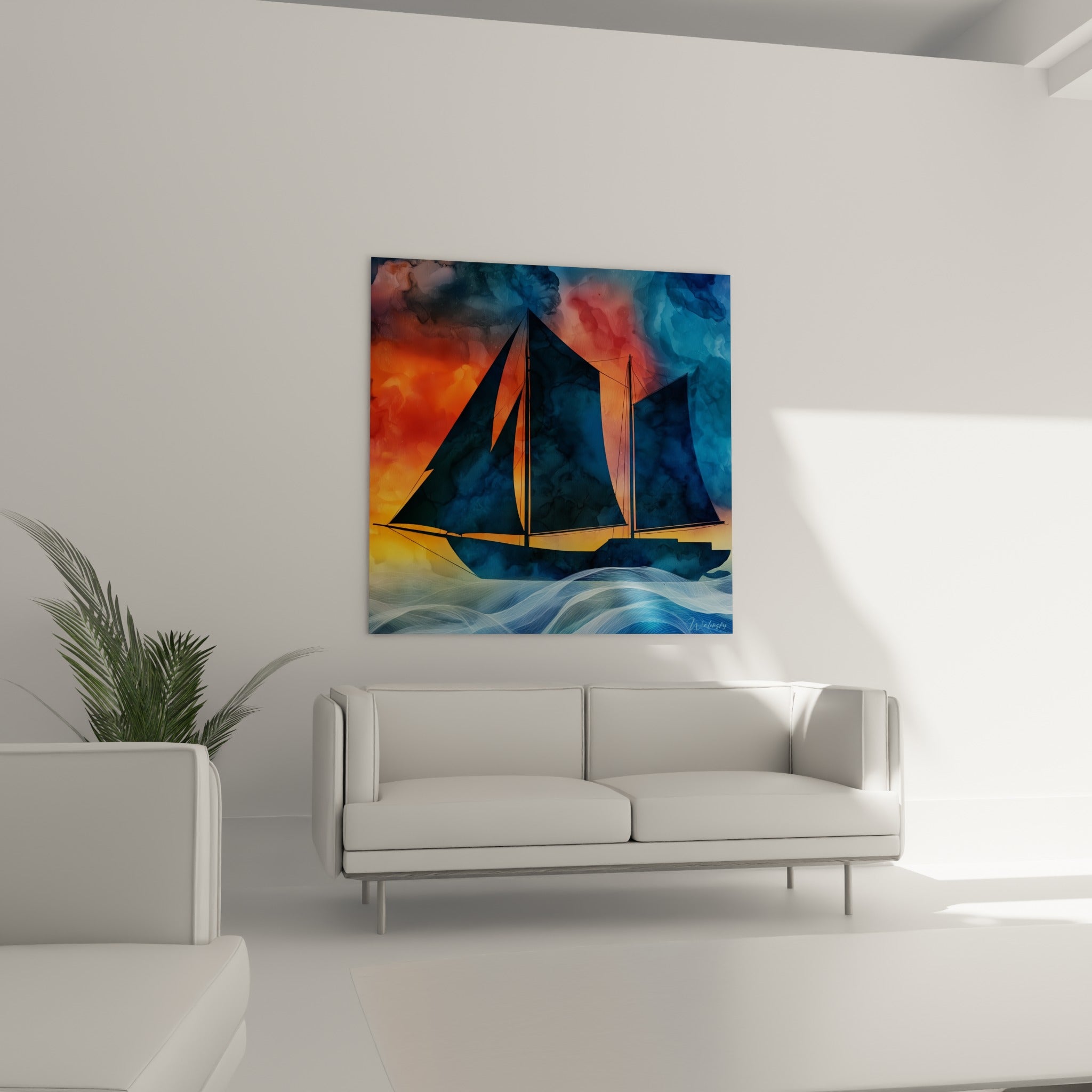 Bateau abstrait aux teintes bleu marine et terracotta, disposé au-dessus d'un canapé dans un salon lumineux