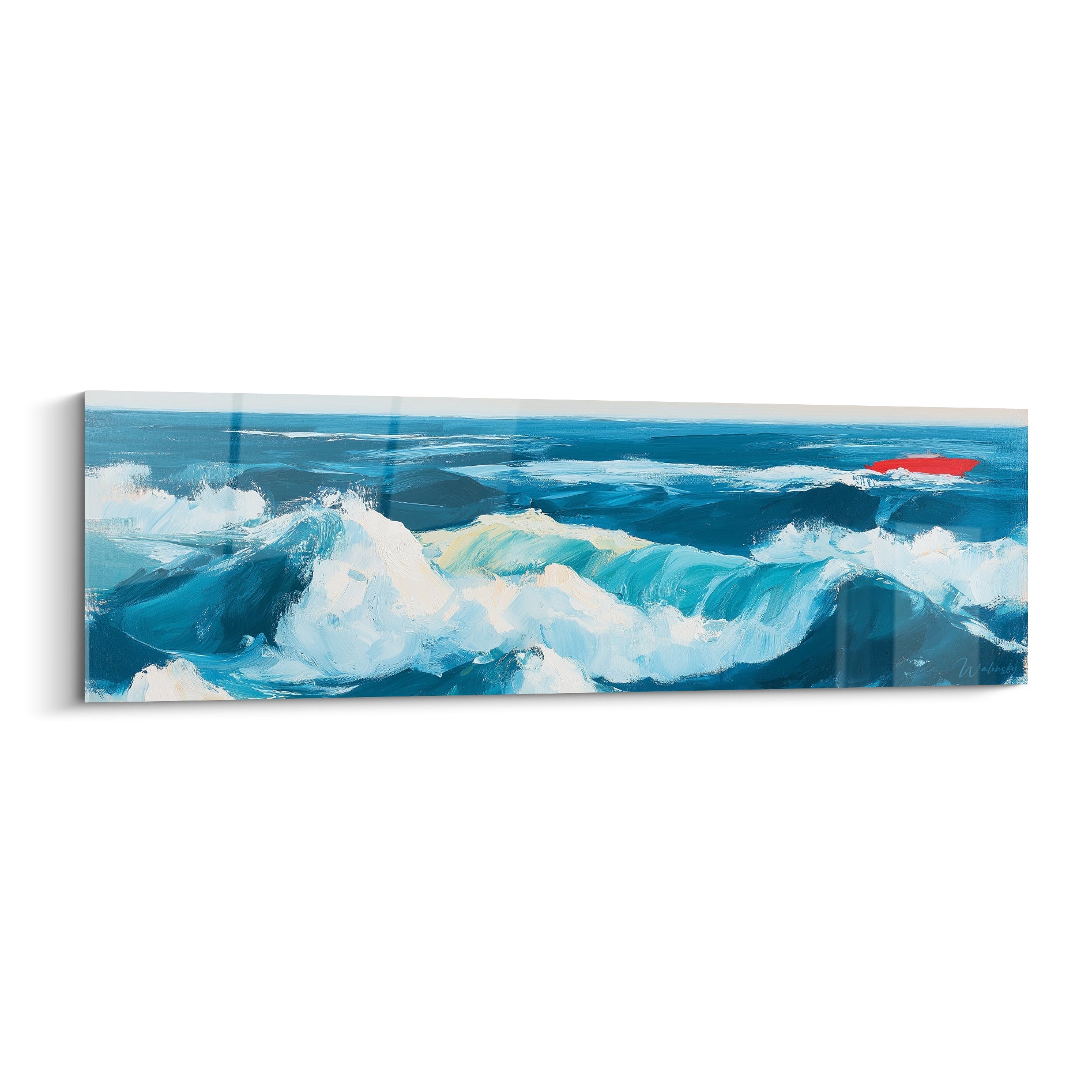 Vagues bleu marine et turquoise en mouvement avec touche rouge, tableau bateau abstrait au style expressif