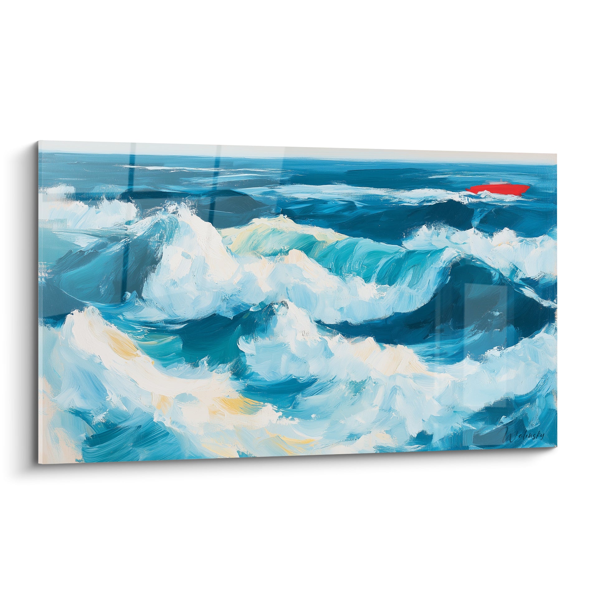 Vagues déferlantes bleu turquoise et écume blanche avec touche rouge à l'horizon marin