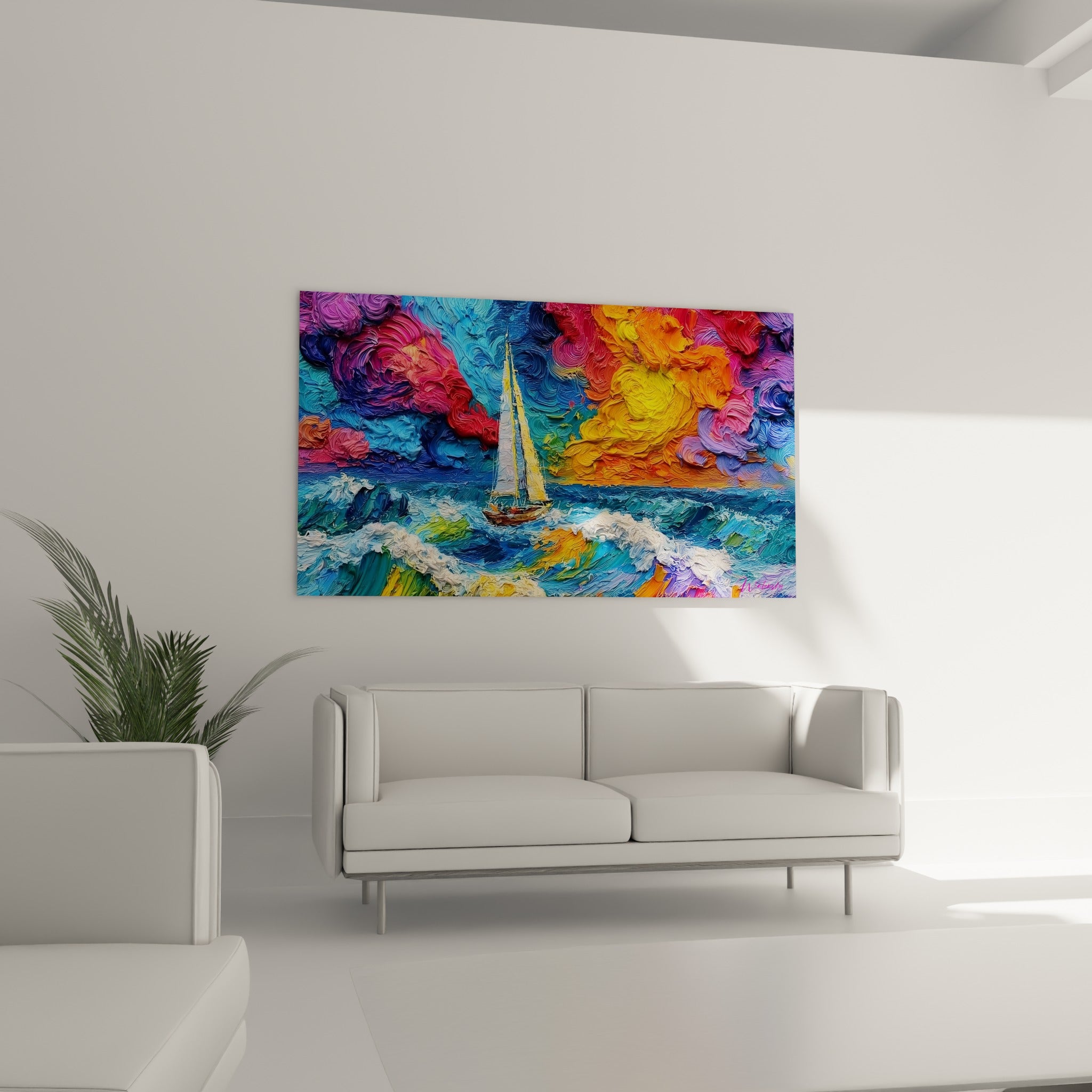 Petit voilier blanc voguant sur des vagues bleu marine écumantes sous un ciel jaune et rouge, au-dessus d'un canapé dans un salon lumineux
