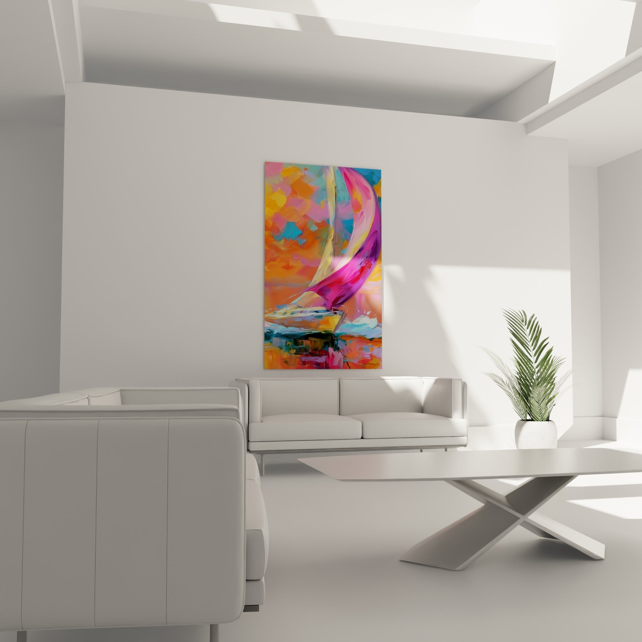 Bateau abstrait aux teintes magenta et bleu turquoise accroché au-dessus d'un canapé dans un salon lumineux