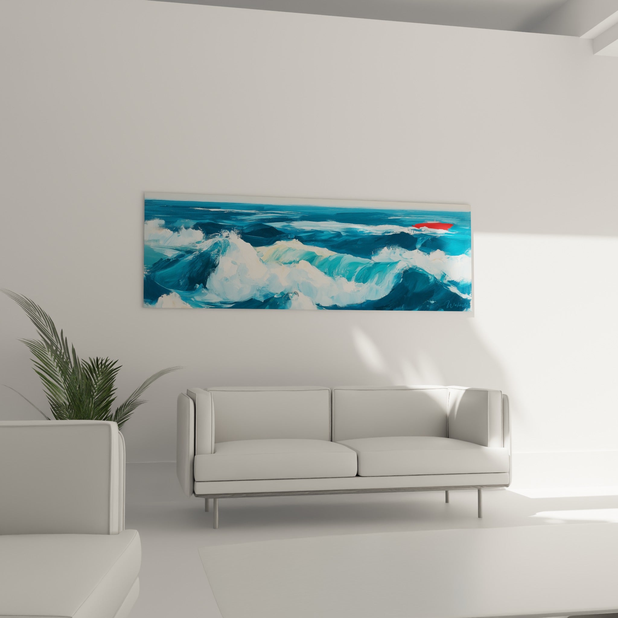 Vagues puissantes en turquoise et bleu profond, tableau bateau abstrait au-dessus d'un canapé dans un salon lumineux