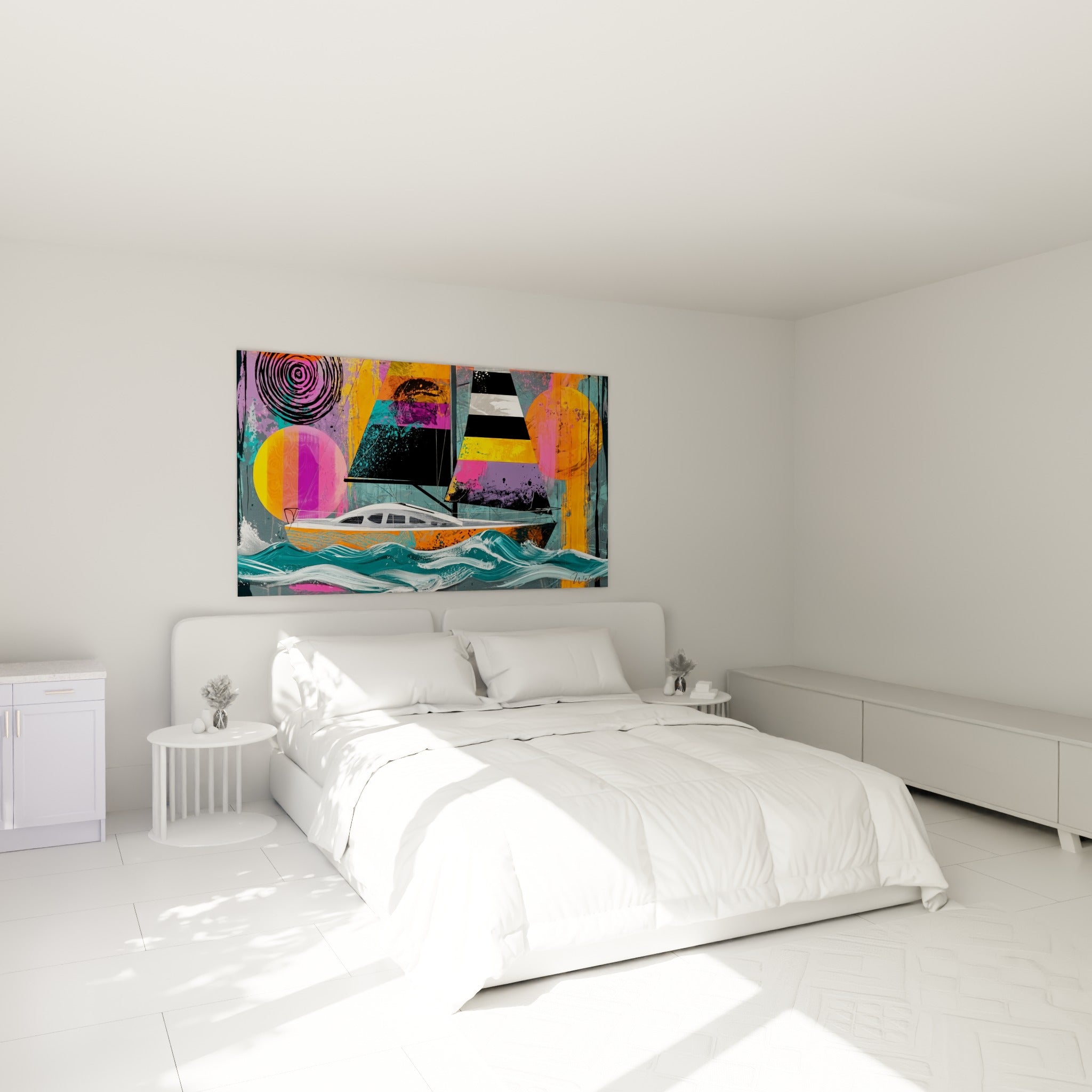 Bateau abstrait aux vagues turquoise et soleils roses, accroché au-dessus d'un lit dans une chambre claire