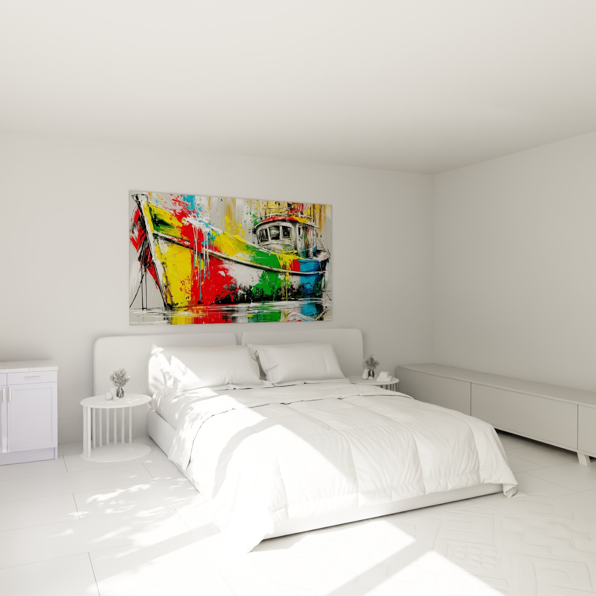 Bateau abstrait aux teintes rouge et bleu, coque éclatée, au-dessus d'un lit dans une chambre claire