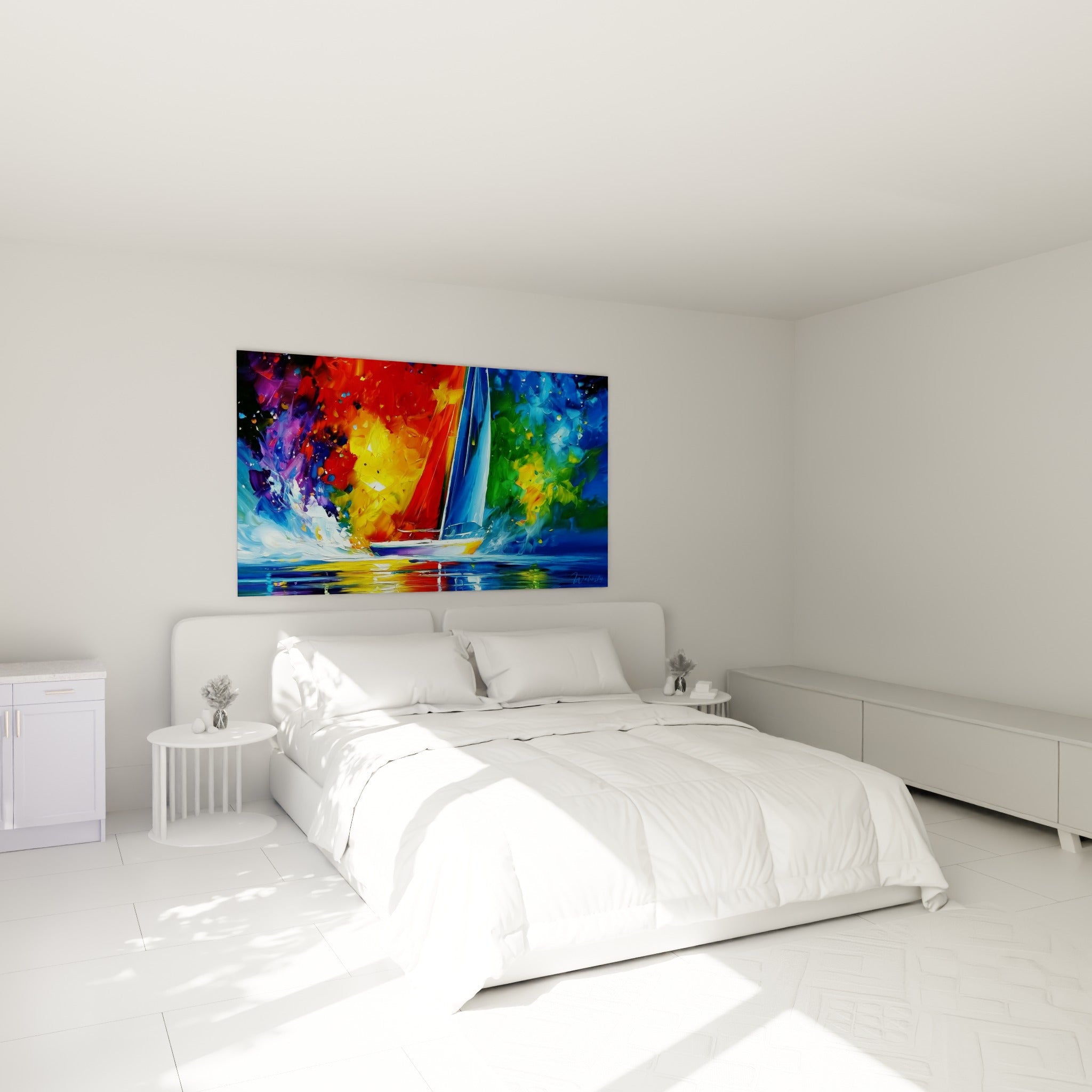Embarcation stylisée en rouge et vert émeraude, tableau bateau abstrait au-dessus d'un lit dans une chambre claire
