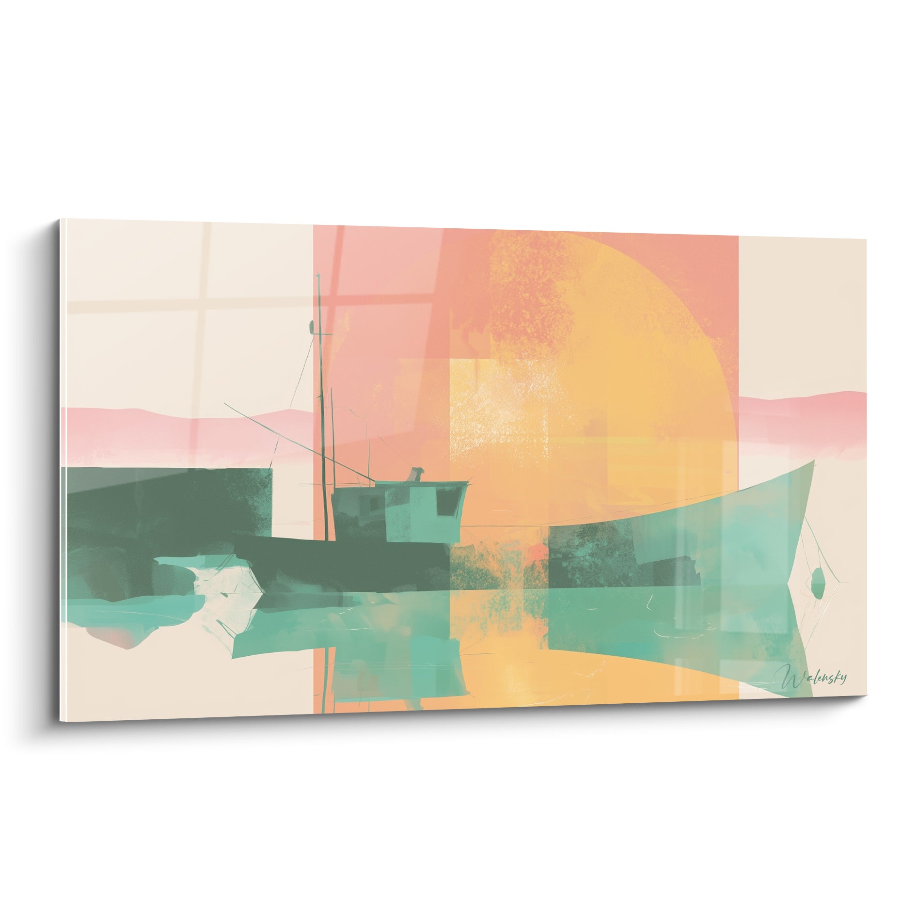 Bateau abstrait vert émeraude devant un soleil orangé, composition graphique corail et beige