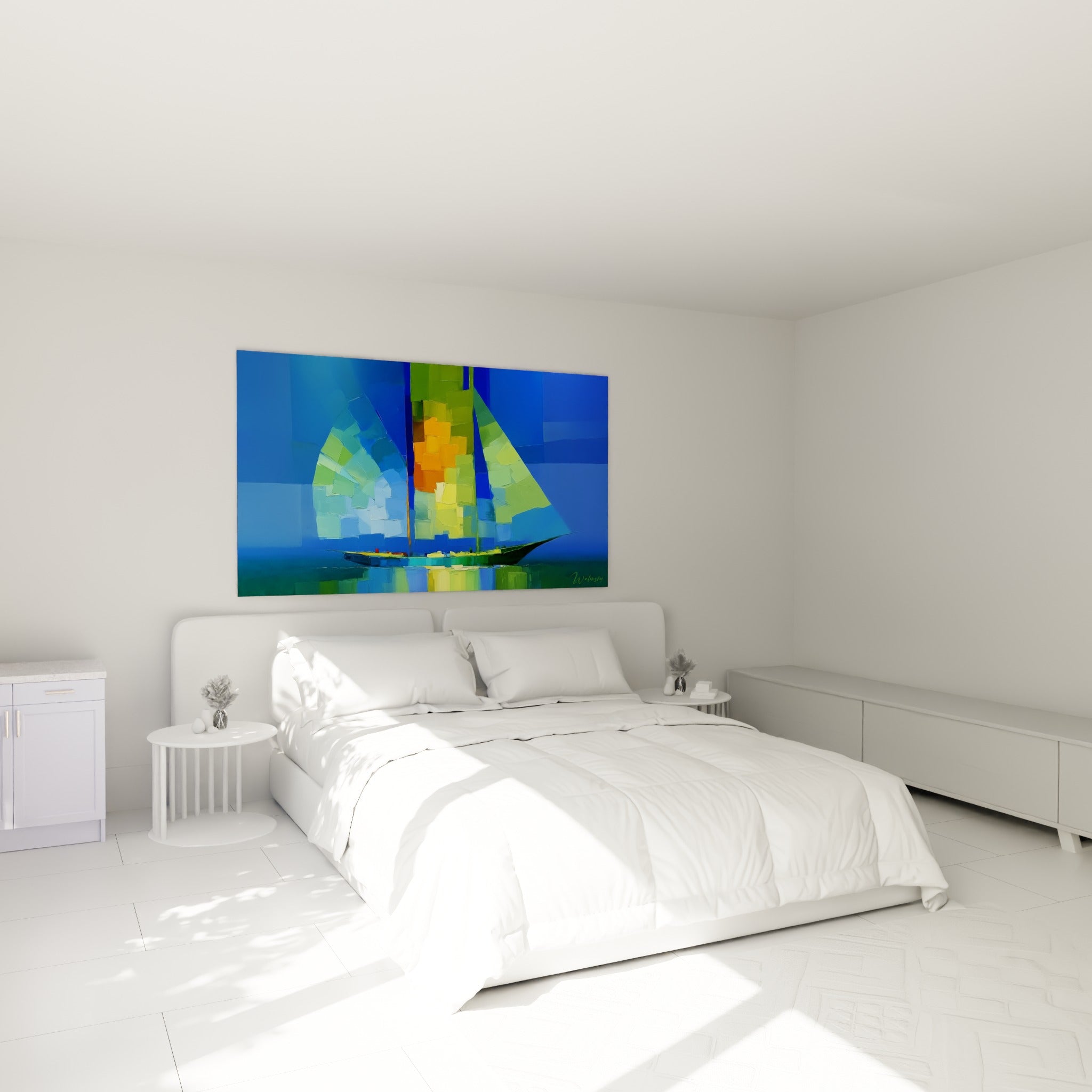 Voiles fragmentées bleu et orange du voilier, au-dessus d'un lit dans une chambre claire