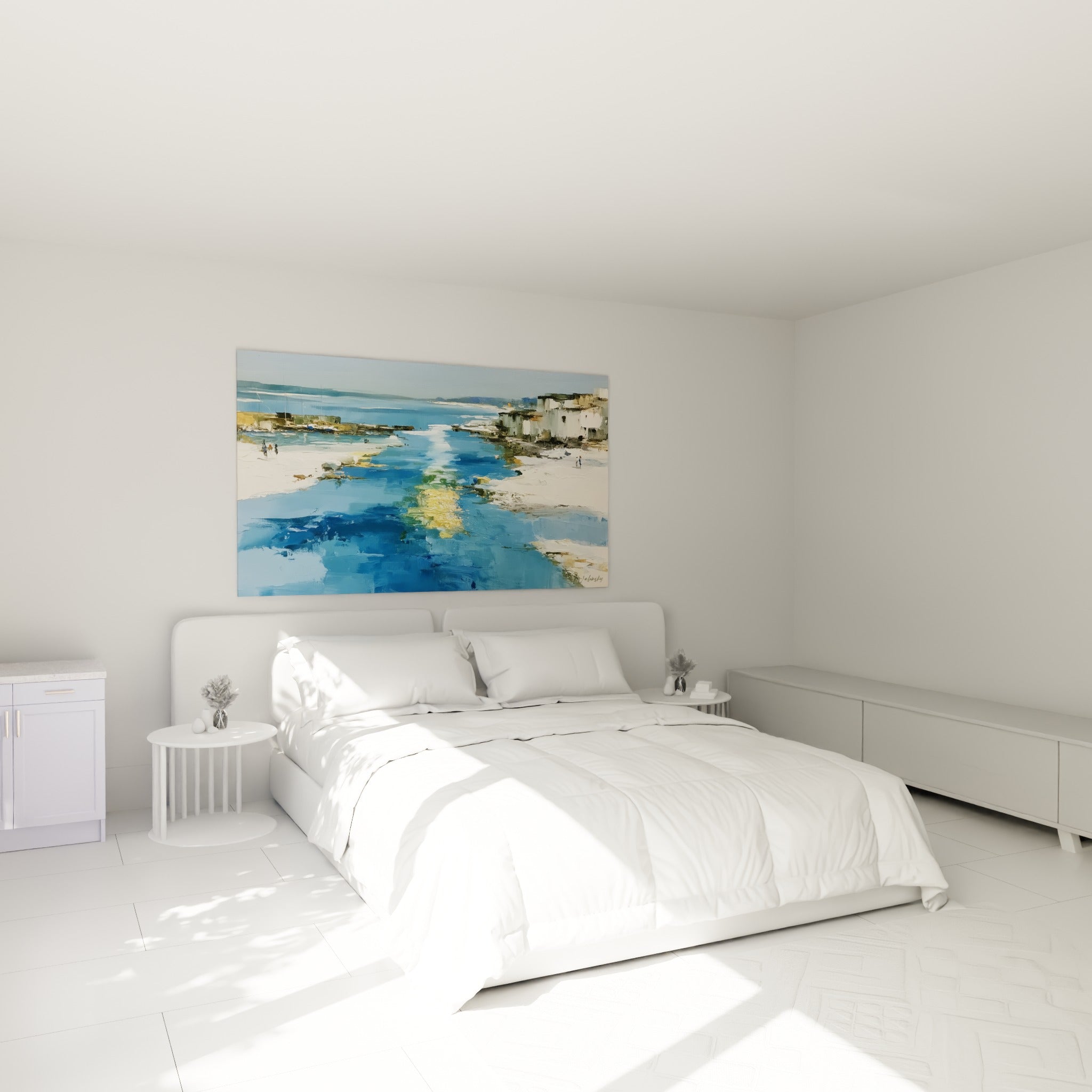 Chenal bleu turquoise et doré d'un village méditerranéen, accroché au-dessus d'un lit dans une chambre claire