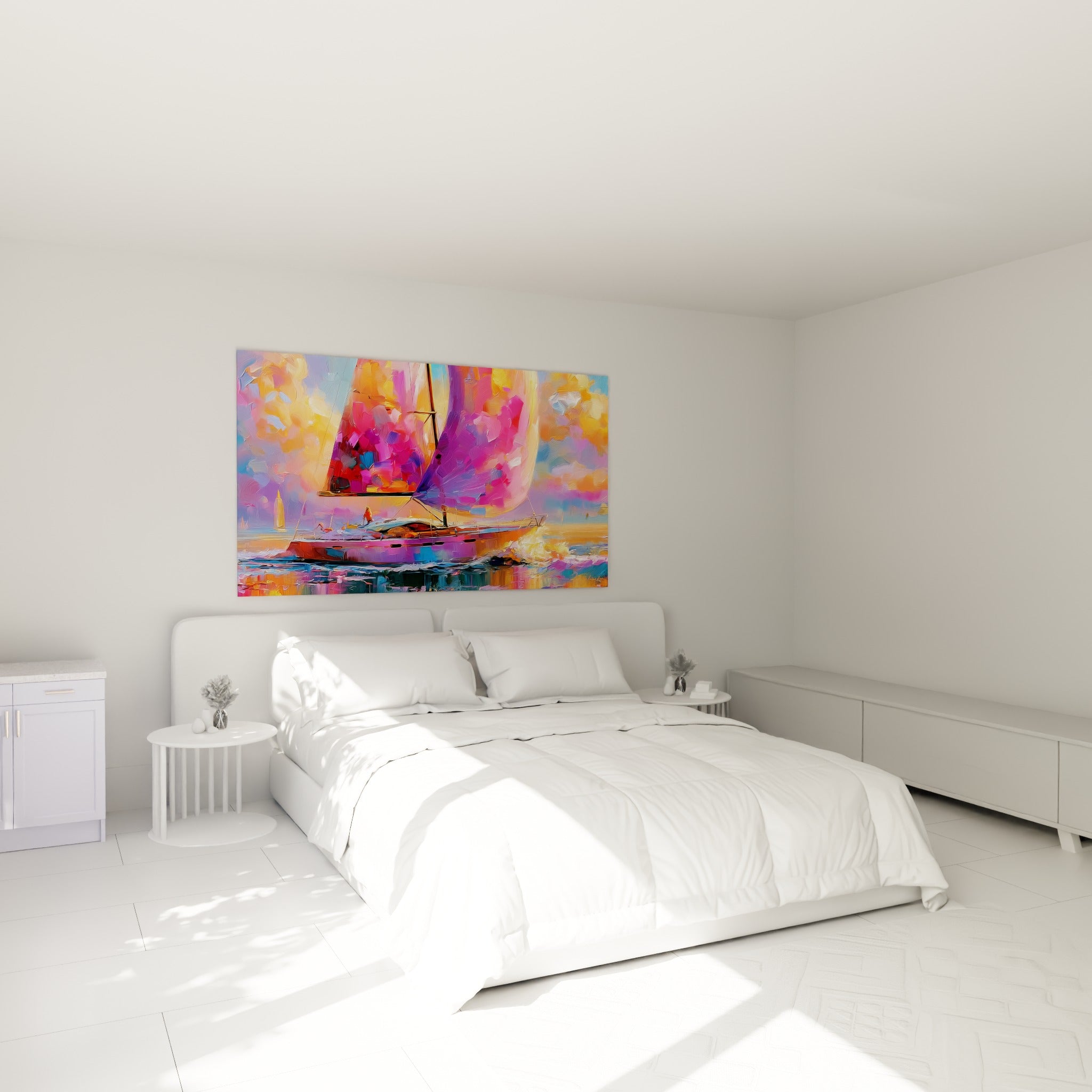 Bateau abstrait rose et violet flottant sur une mer dorée, au-dessus d'un lit dans une chambre claire