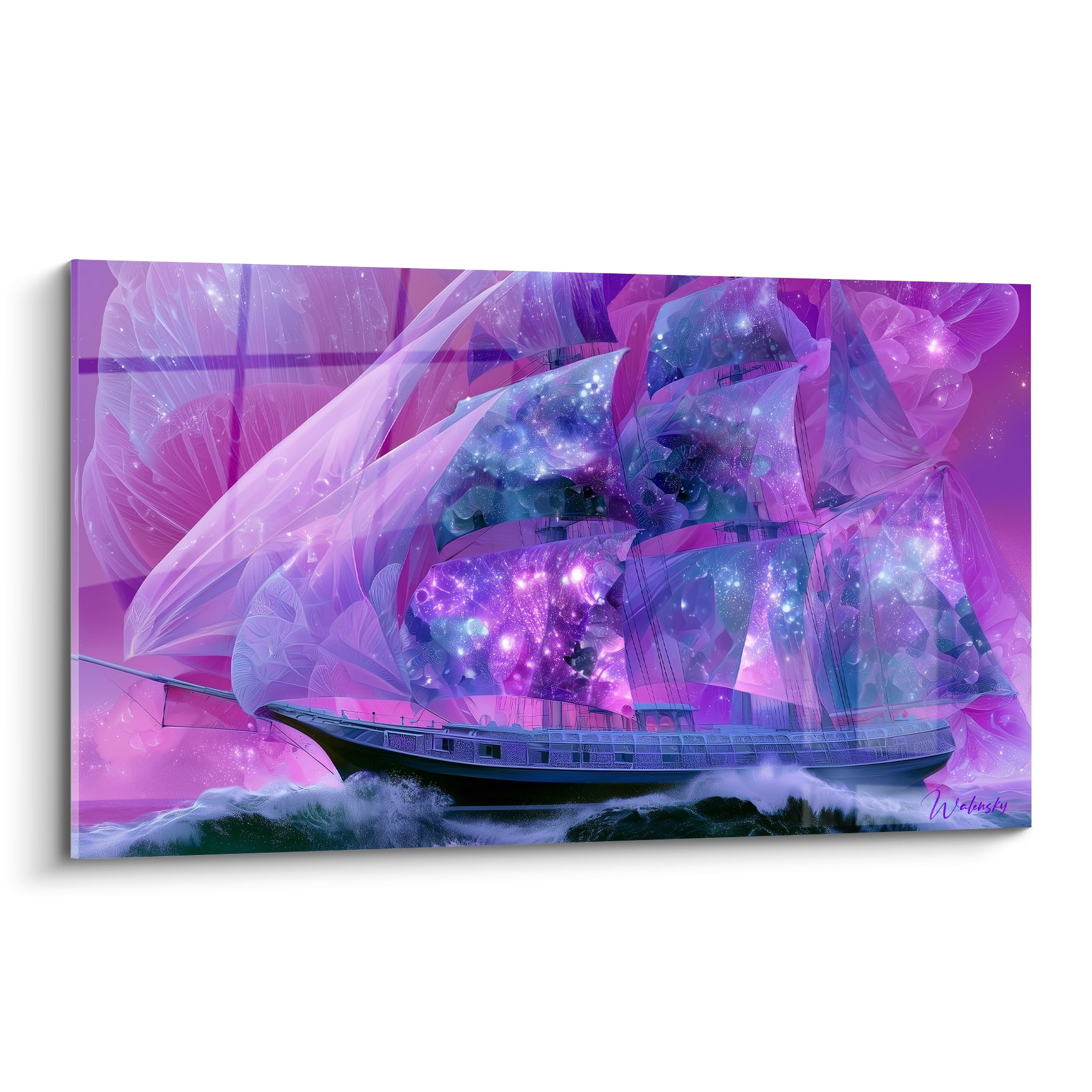 Voilier violet aux voiles constellées d'étoiles bleu marine fendant des vagues écumantes, style fantastique