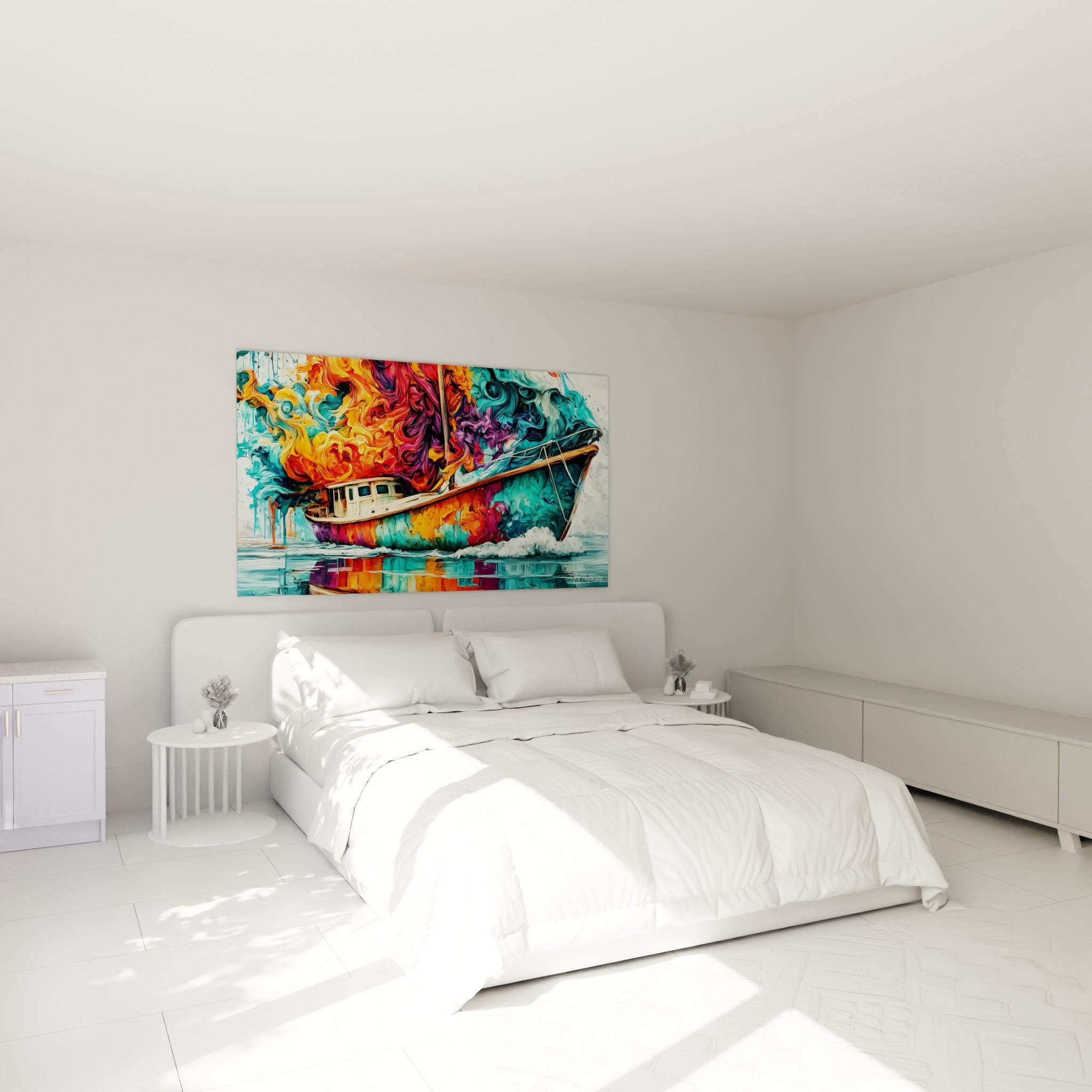 Voilier en bois cerné de flammes violettes et turquoise accroché au-dessus d'un lit dans une chambre claire
