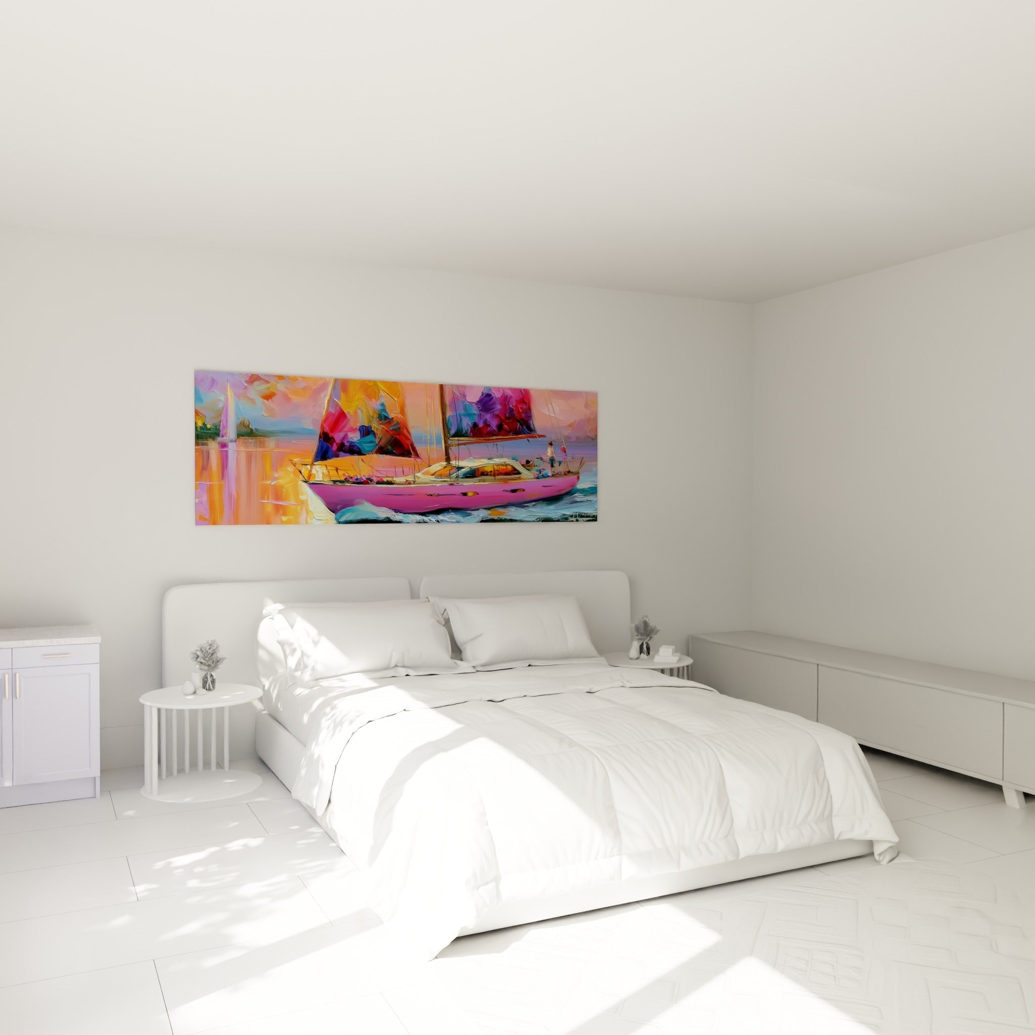 Bateau abstrait rose et violet illuminé par des reflets orangés, au-dessus d'un lit dans une chambre claire