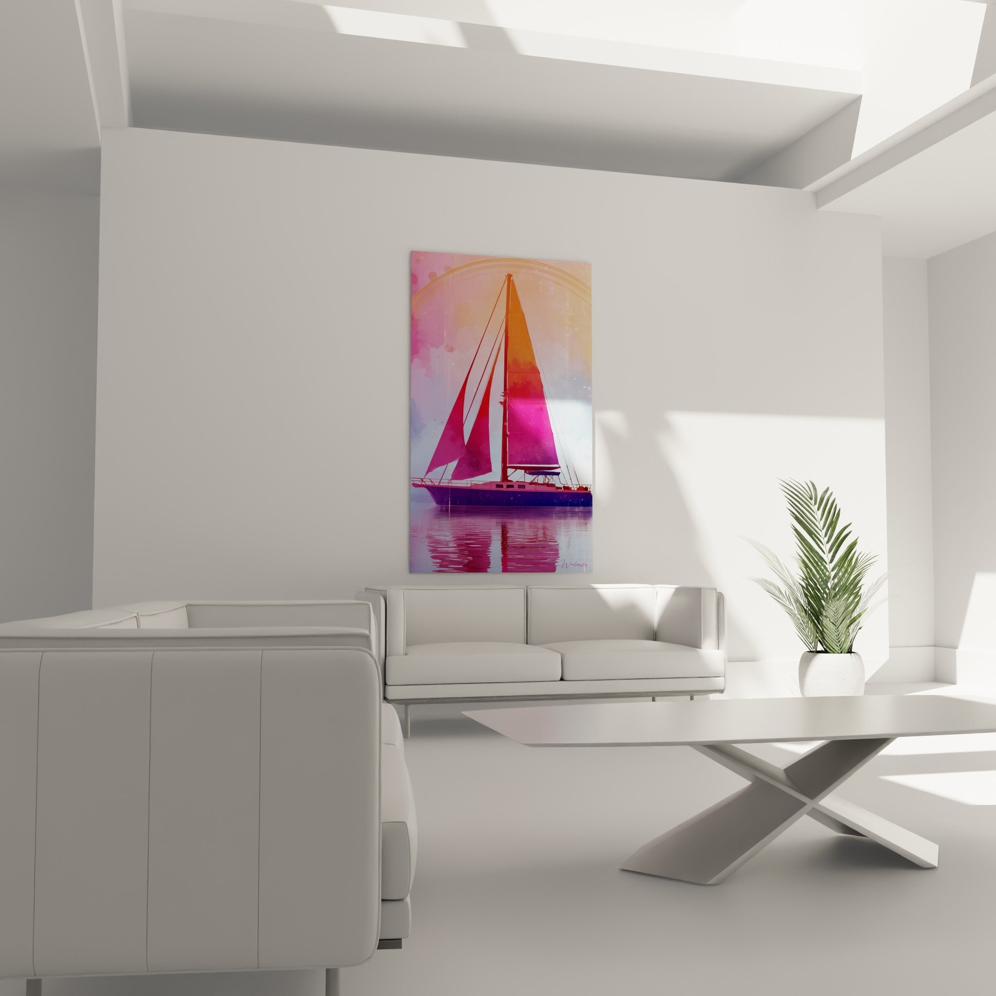 Bateau à voiles pourpres et bleu pastel disposé au-dessus d'un canapé dans un salon lumineux