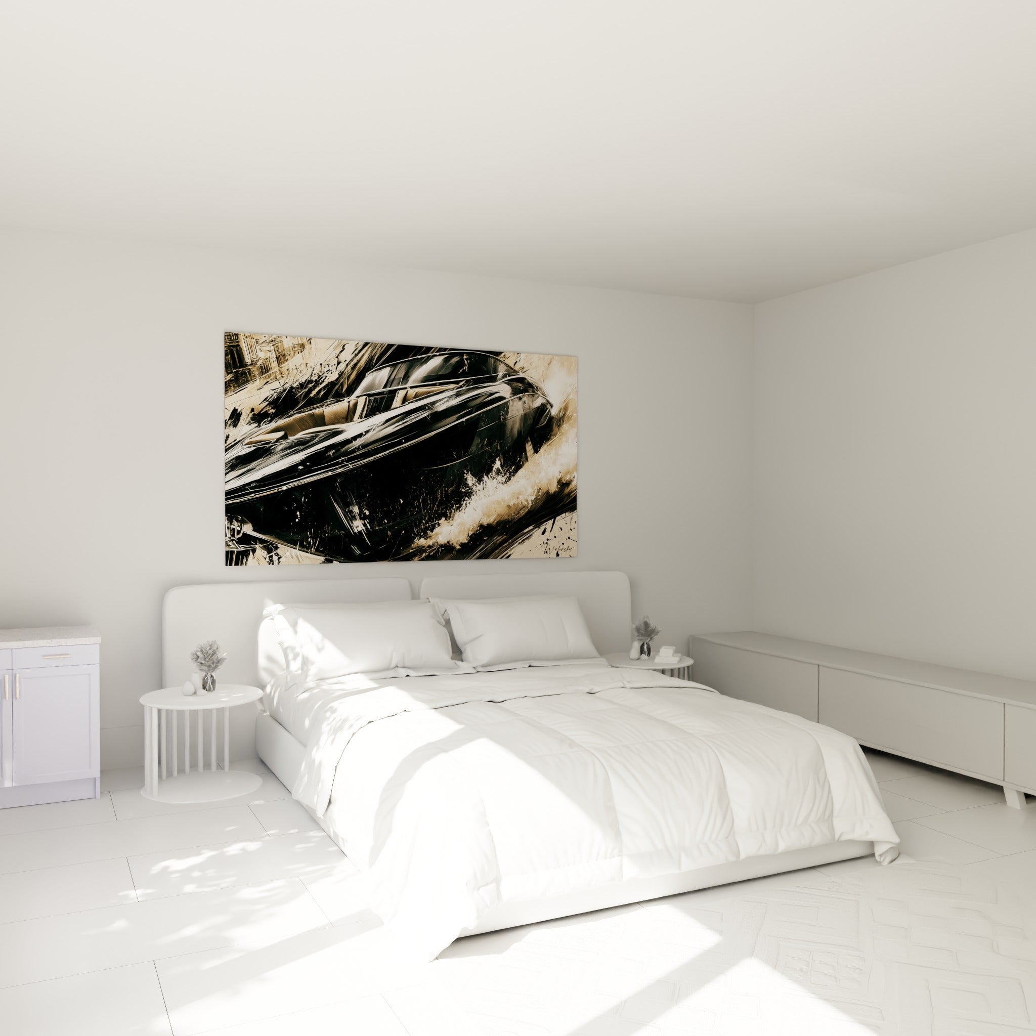 Vitesse marine en noir et sable, tableau bateau abstrait au-dessus d'un lit dans une chambre claire