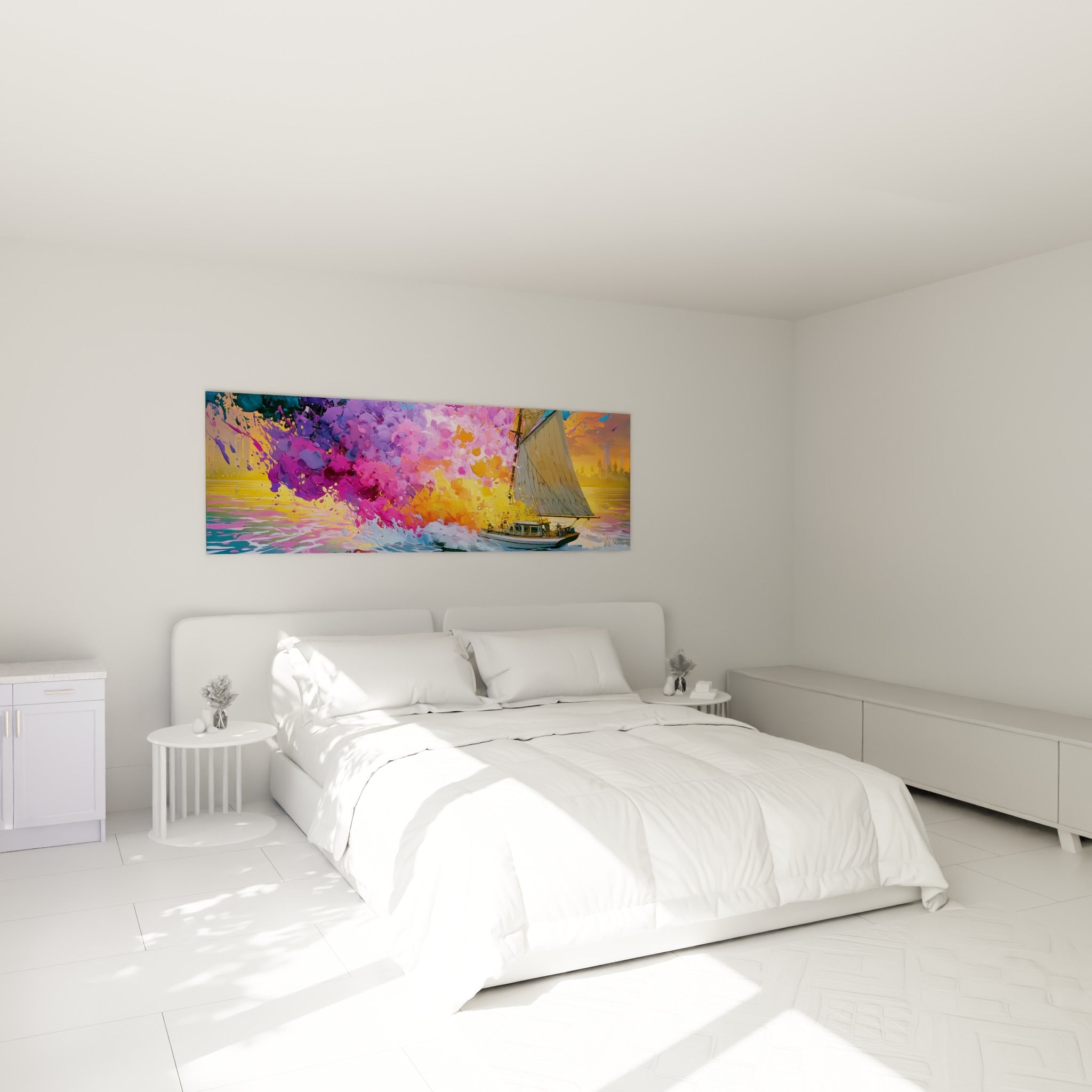 Voile blanche et explosion rose-violette du tableau bateau abstrait, au-dessus d'un lit dans une chambre claire