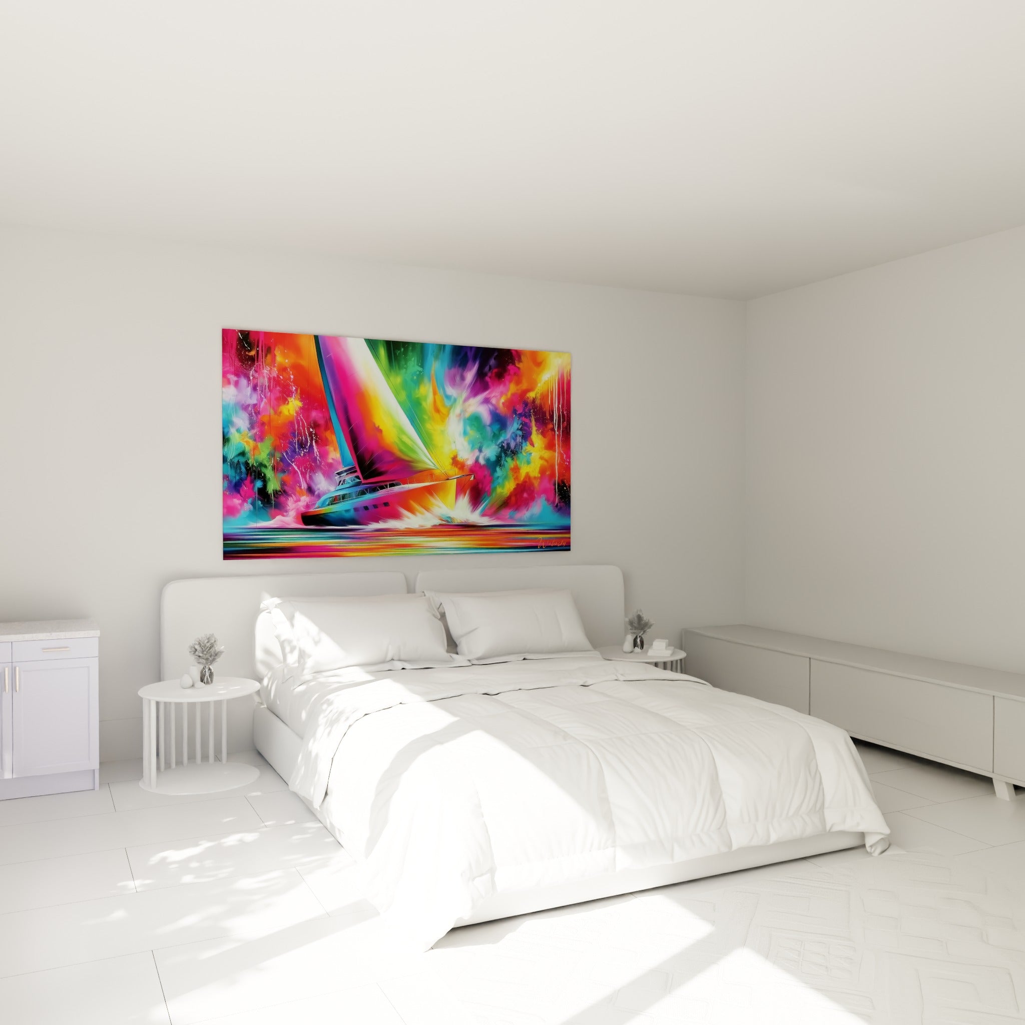 Voilier orange et vert émeraude jaillissant de nuages colorés, accroché au-dessus d'un lit dans une chambre claire