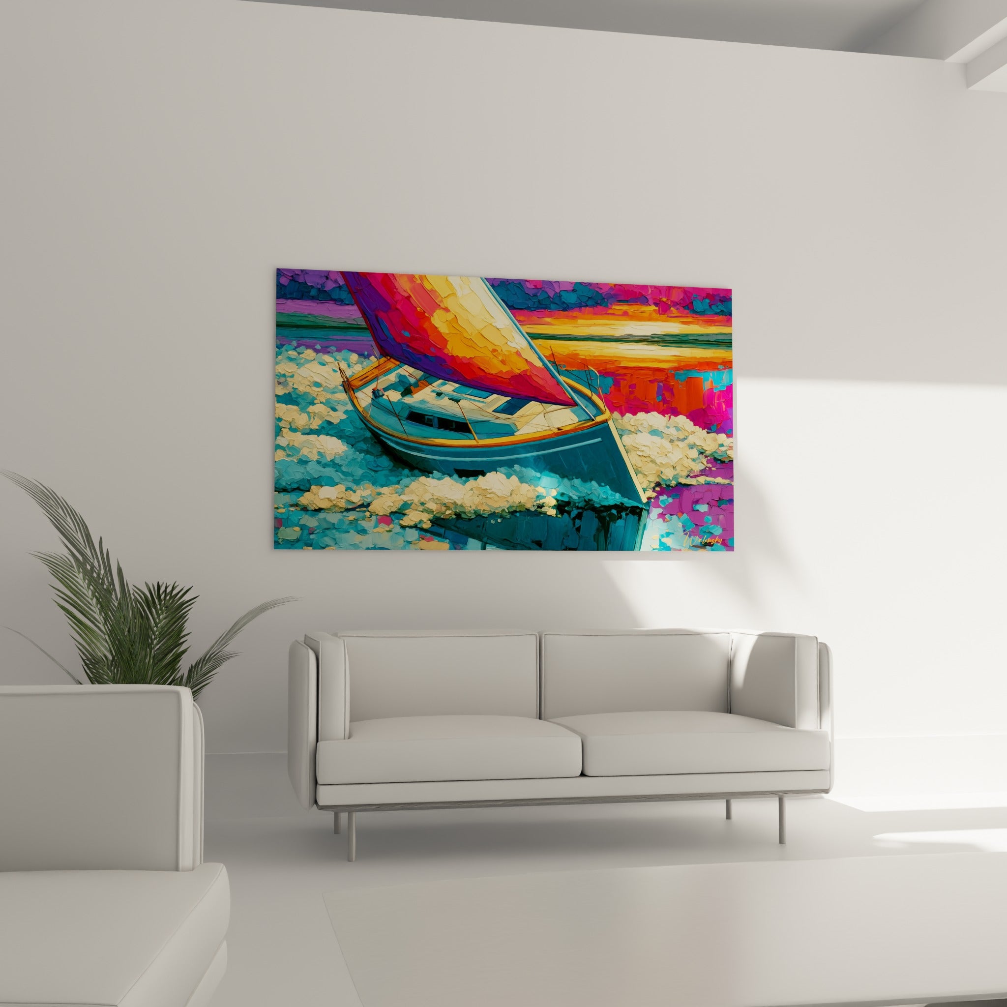 Voile dégradée rose et jaune du bateau abstrait dominant une mer d'écume au-dessus d'un canapé dans un salon lumineux