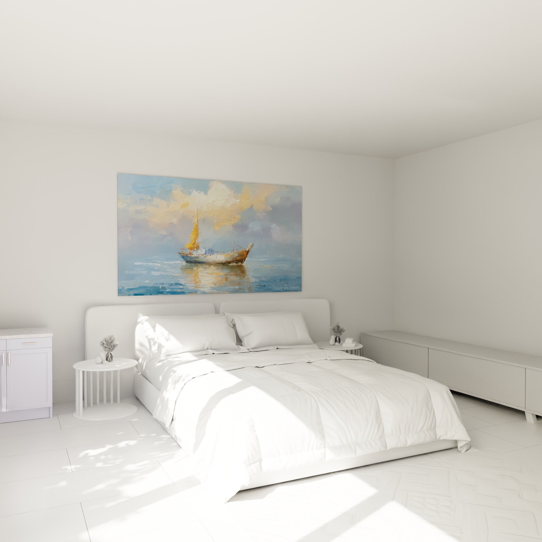 Embarcation bateau abstrait aux tons ocre et bleu marine, au-dessus d'un lit dans une chambre claire