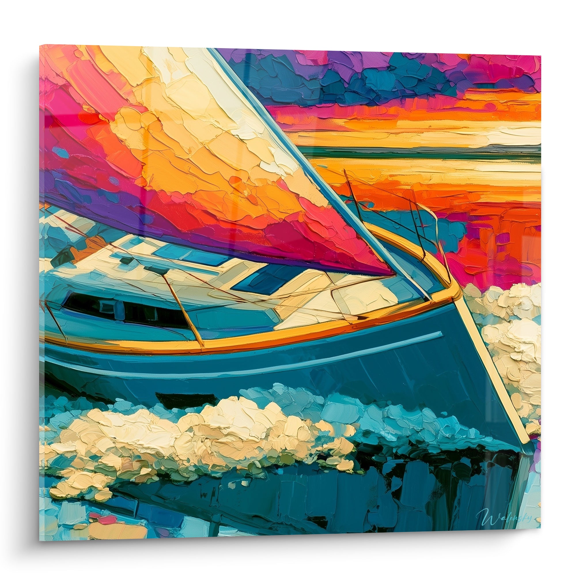 Voilier bleu marine et rose fuchsia sur mer d'écume dorée, empâtements épais, bateau abstrait maritime