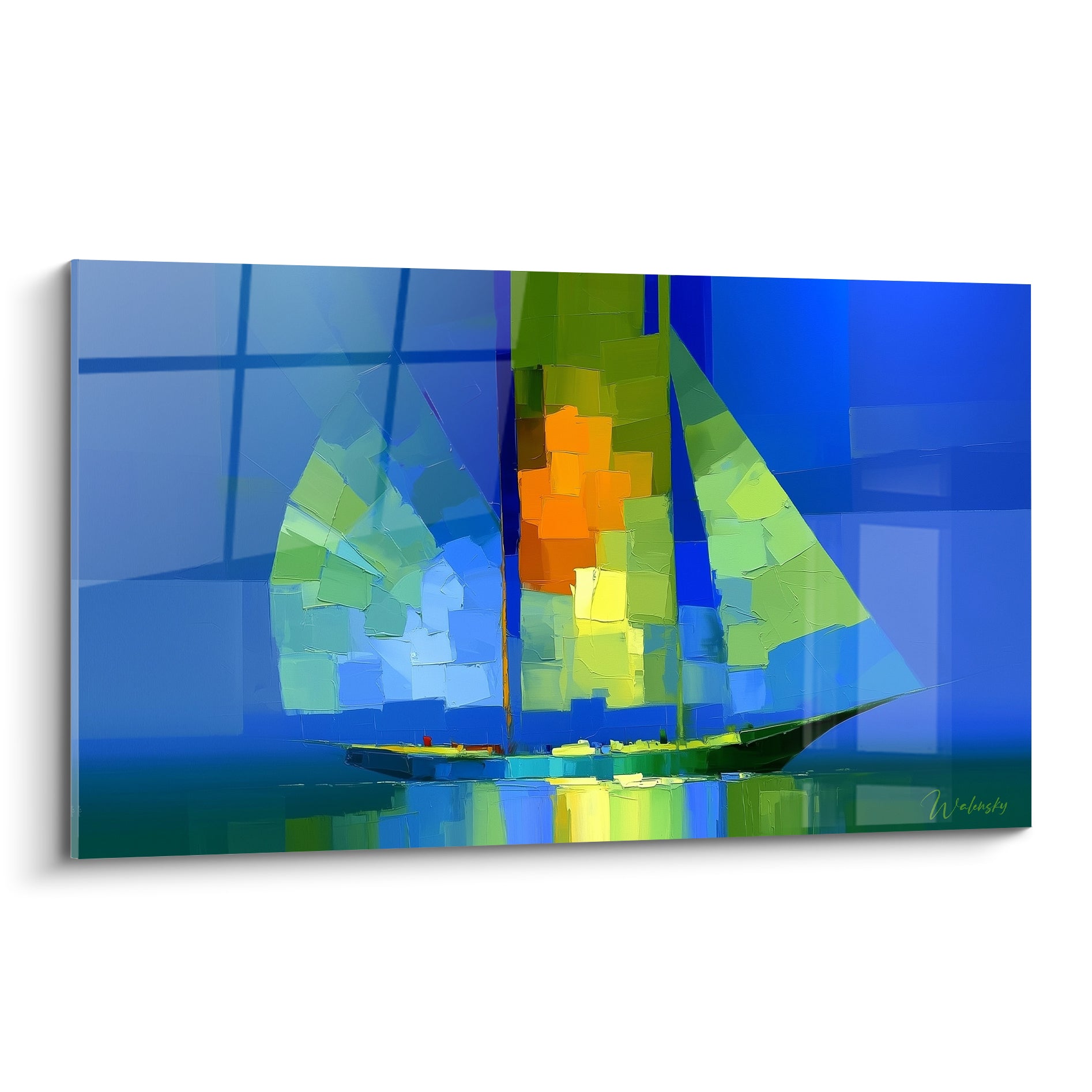 Voilier stylisé aux voiles vert sauge et bleu marine, mât orangé vif, mer facettée
