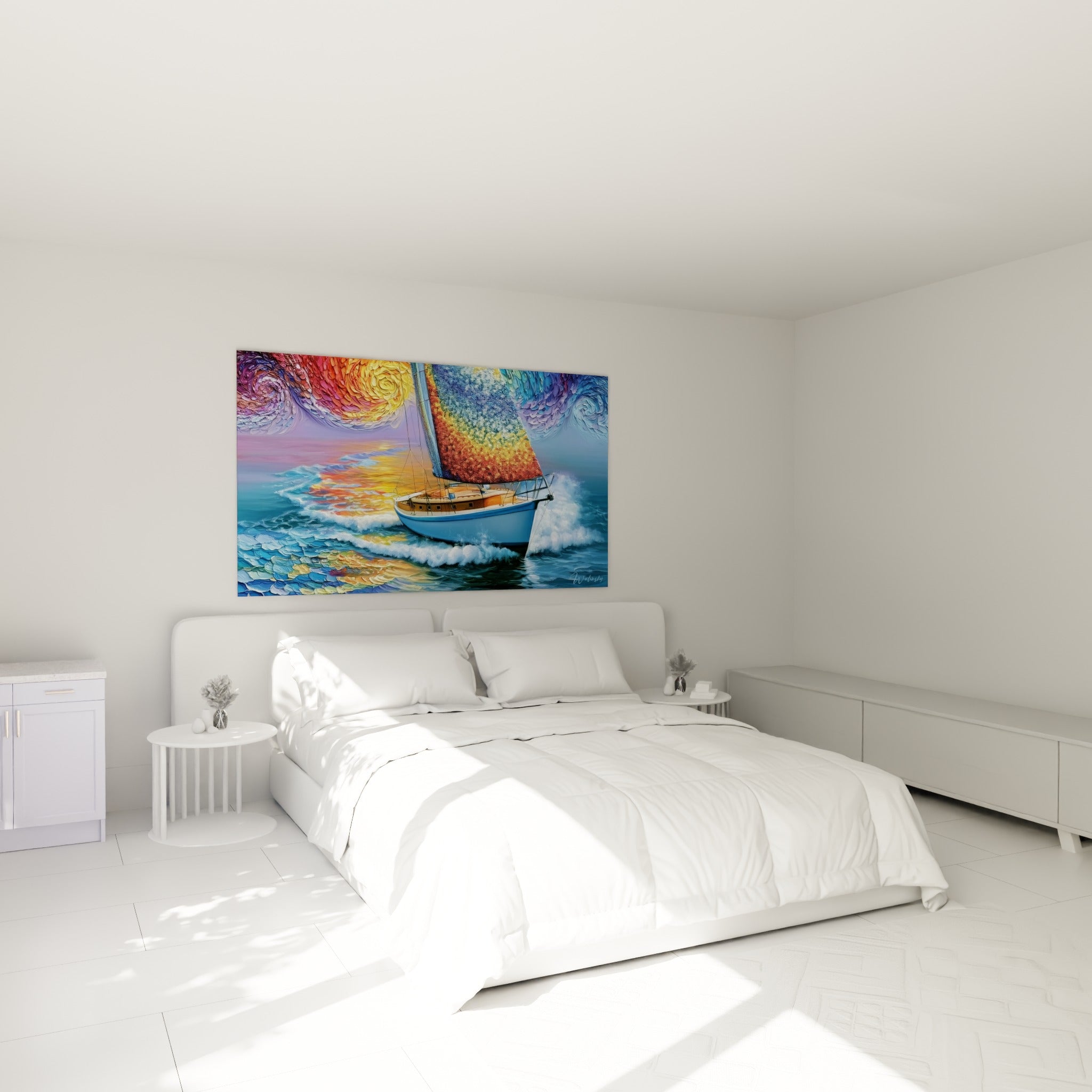 Bateau aux voiles multicolores, coque bleu et bois, accroché au-dessus d'un lit dans une chambre claire