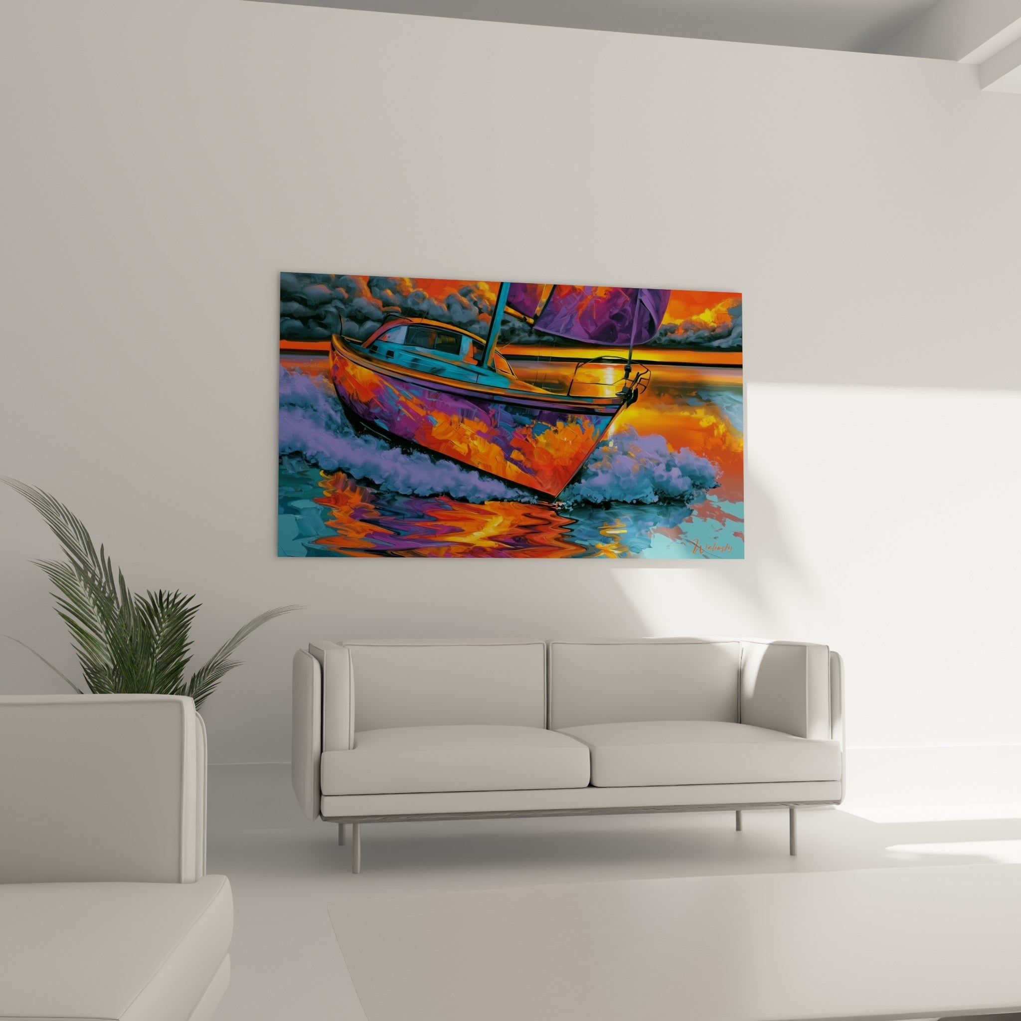 Coque turquoise et voile pourpre d'un voilier dans des flots orangés, au-dessus d'un canapé dans un salon lumineux