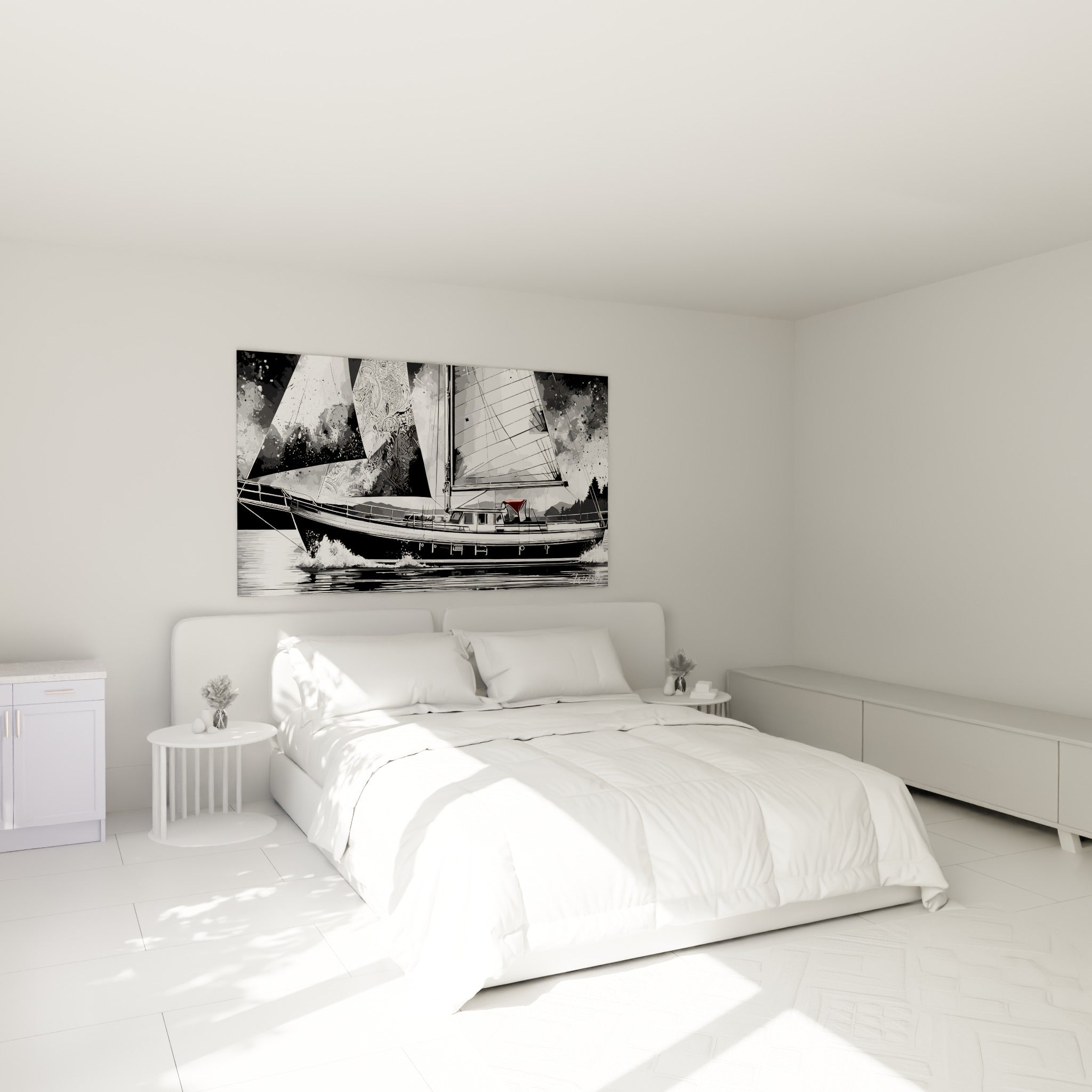 Voile rouge et coque anthracite du bateau abstrait au-dessus d'un lit dans une chambre claire