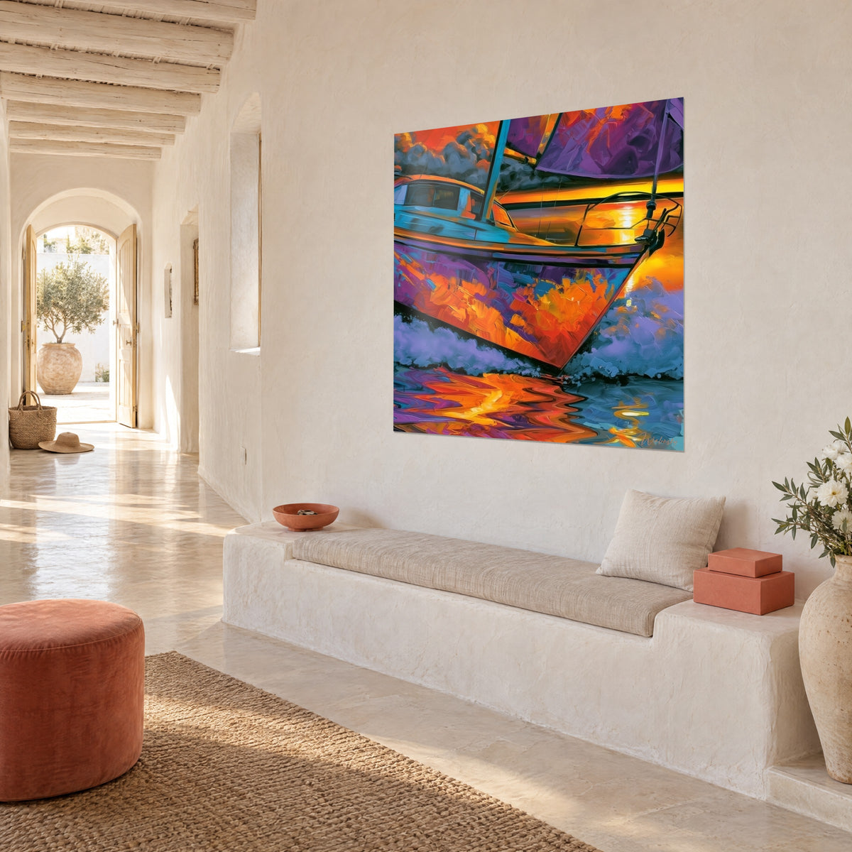 Wall art yacht bow in orange and violet palette-knife strokes, blue-grey waves, three-quarter view in a sunlit hallway