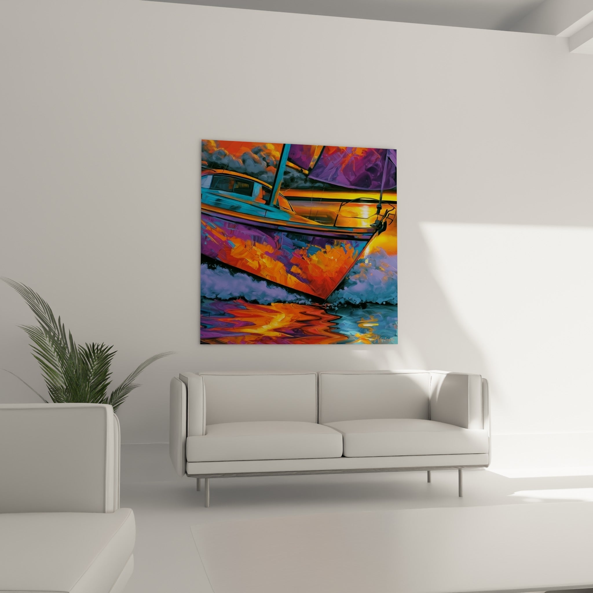 Voile violette et coque orange d'un bateau abstrait, au-dessus d'un canapé dans un salon lumineux
