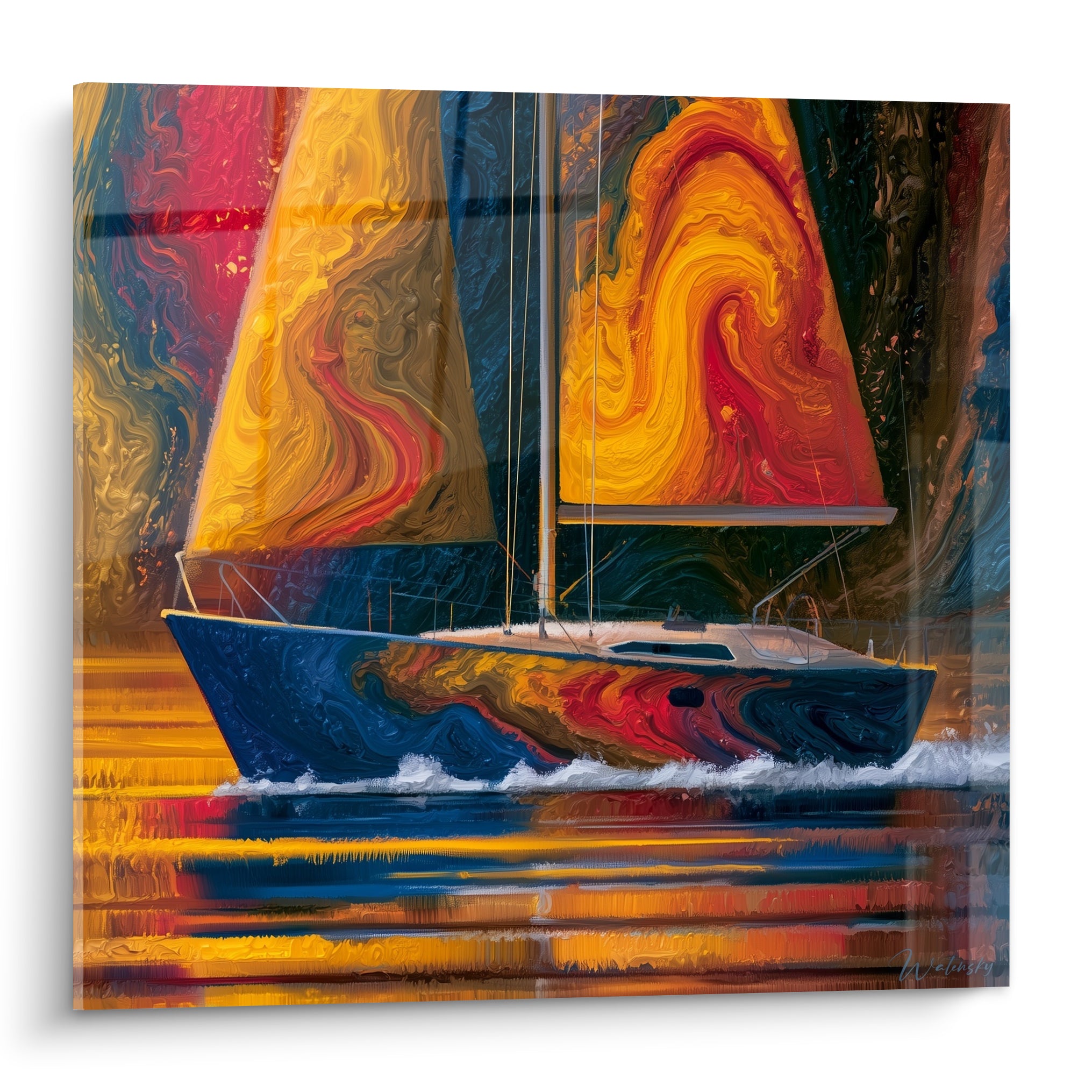 Voilier bateau abstrait aux voiles ambre et rouge tourbillonnantes, coque bleu marine fendant l'écume