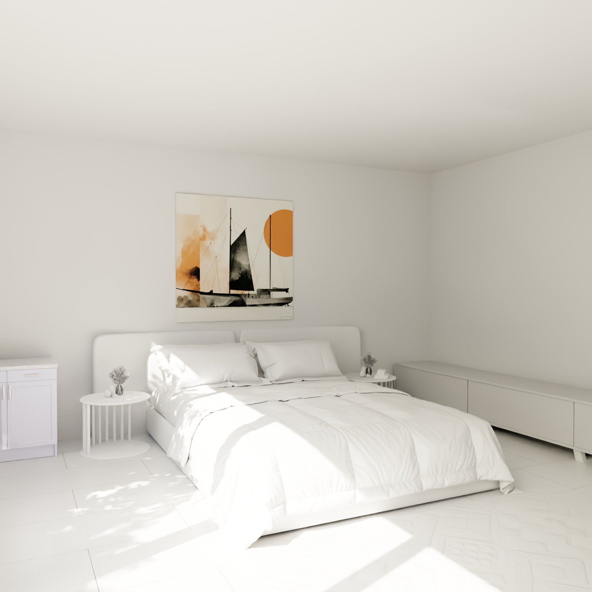 Voiles anthracite et disque orange du tableau bateau abstrait au-dessus d'un lit dans une chambre claire