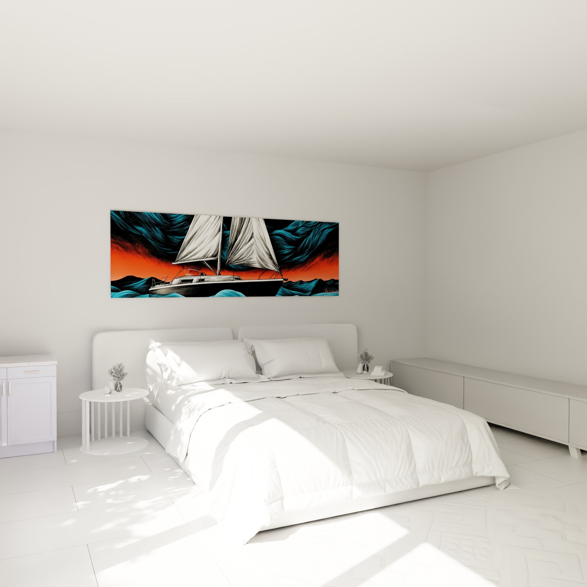 Voilier fendant des vagues bleu pétrole sous ciel corail, au-dessus d'un lit dans une chambre claire