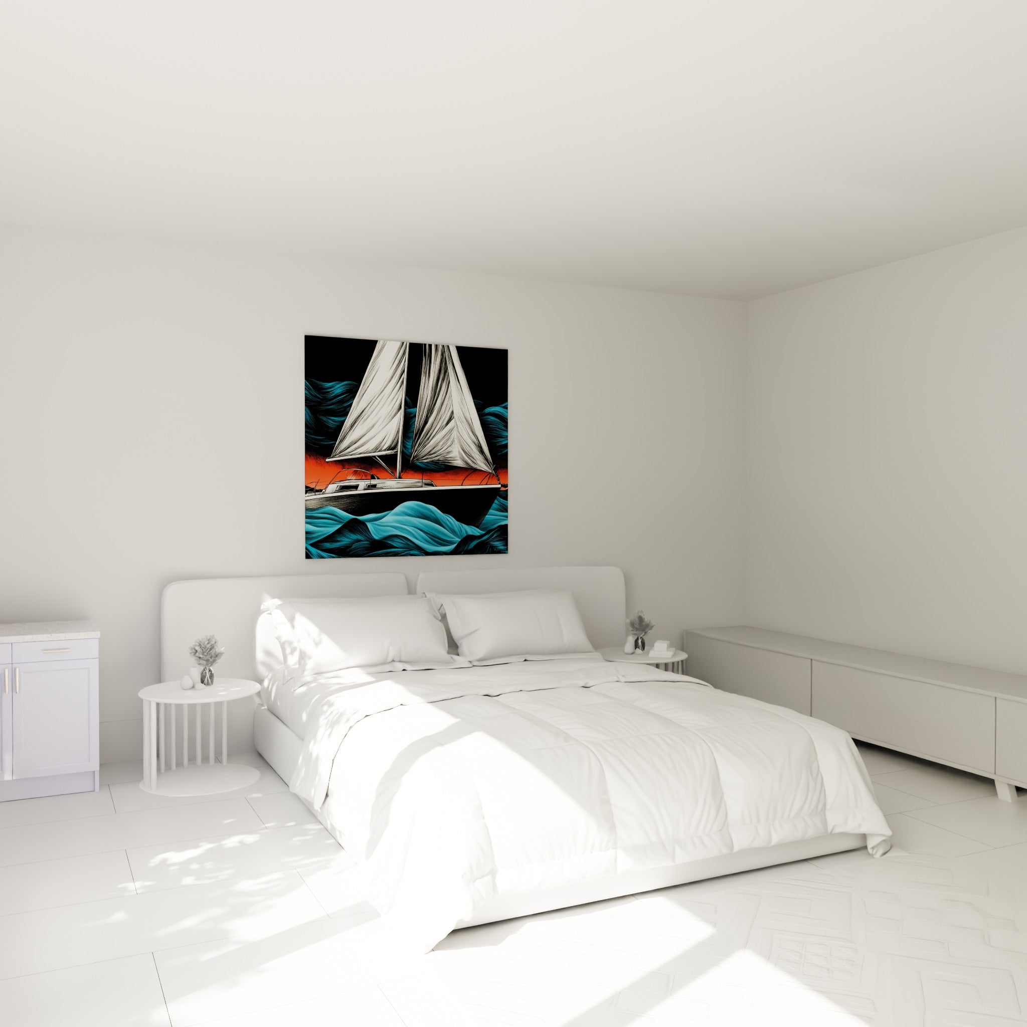 Voilier fendant des vagues bleu profond et turquoise, tableau bateau abstrait au-dessus d'un lit dans une chambre claire