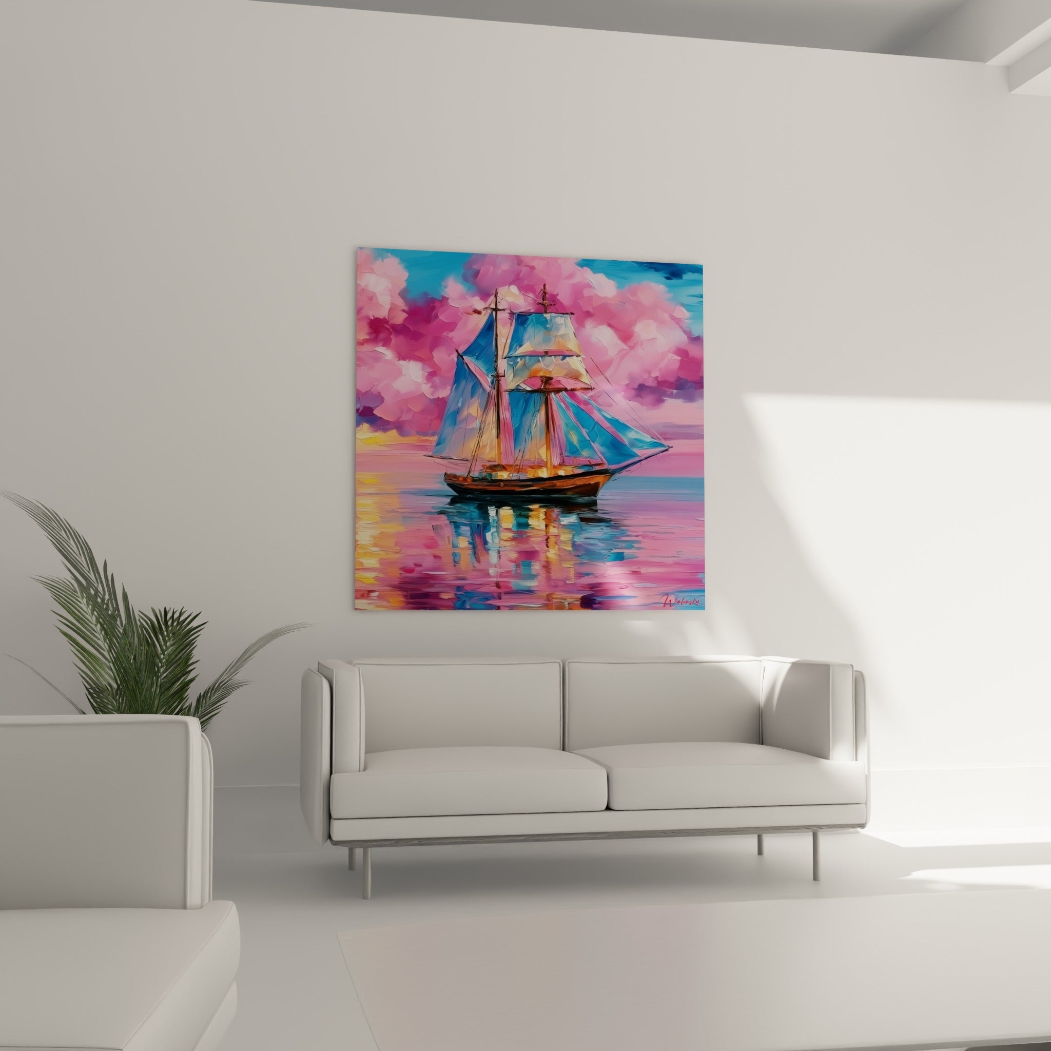 Grand voilier orange et bleu du tableau bateau abstrait au-dessus d'un canapé dans un salon lumineux