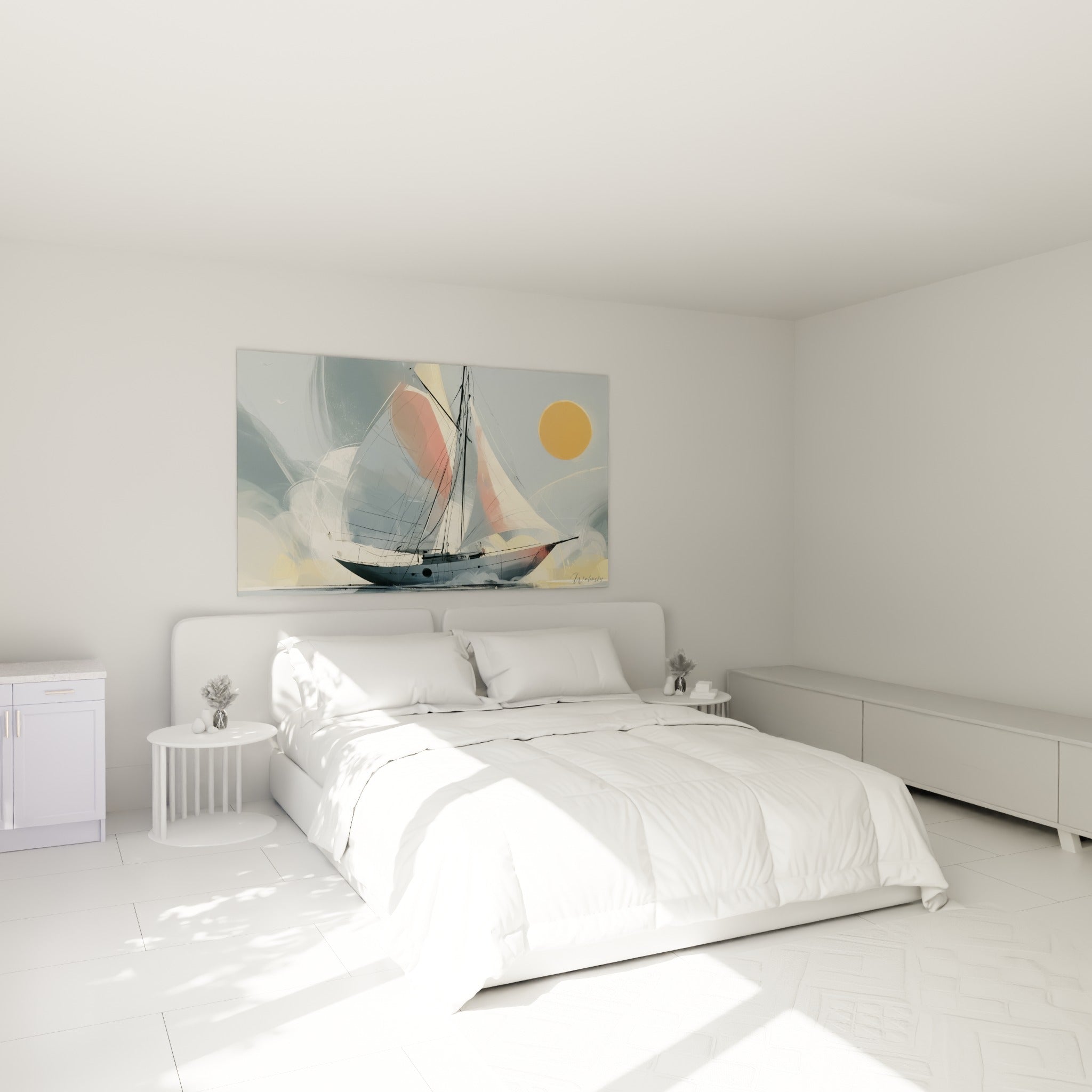 Voiles corail et grises d'un tableau bateau abstrait au-dessus d'un lit dans une chambre claire
