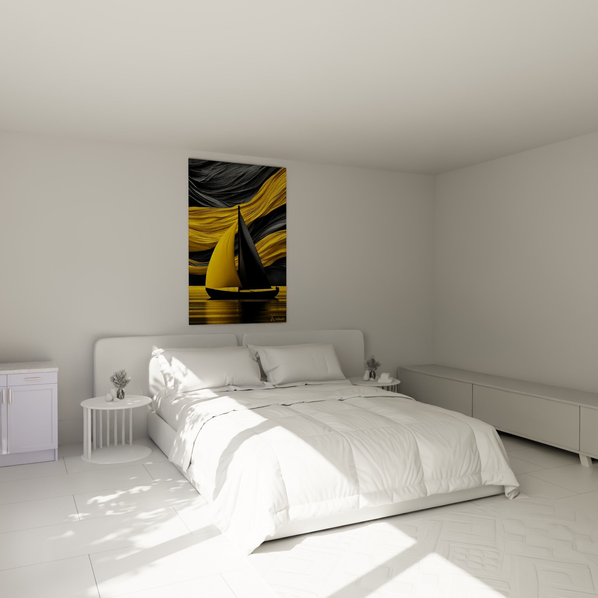 Silhouette de voilier jaune moutarde et noir intense, tableau bateau abstrait au-dessus d'un lit dans une chambre claire
