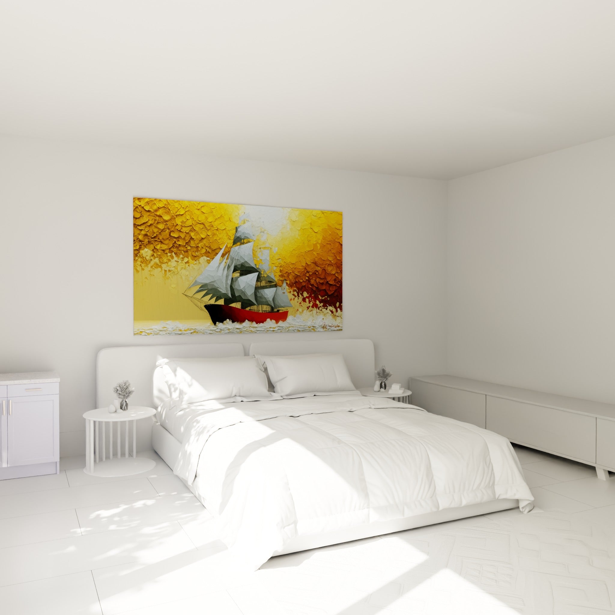 Trois-mâts rouge et gris sur fond ocre embrasé, Bateau abstrait au-dessus d'un lit dans une chambre claire